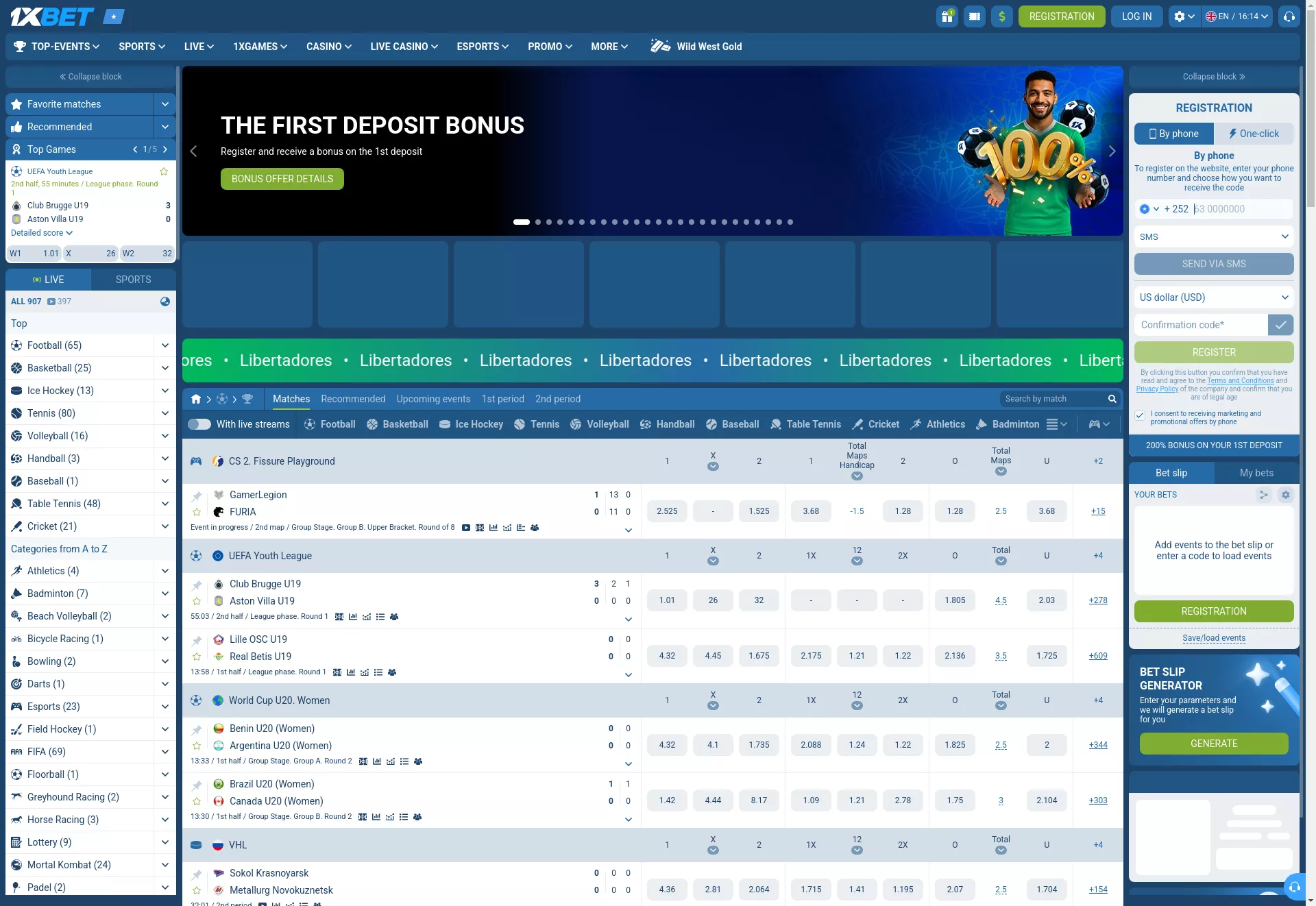 Desktop screen. 1xBet Up to $1500 + 210 FS