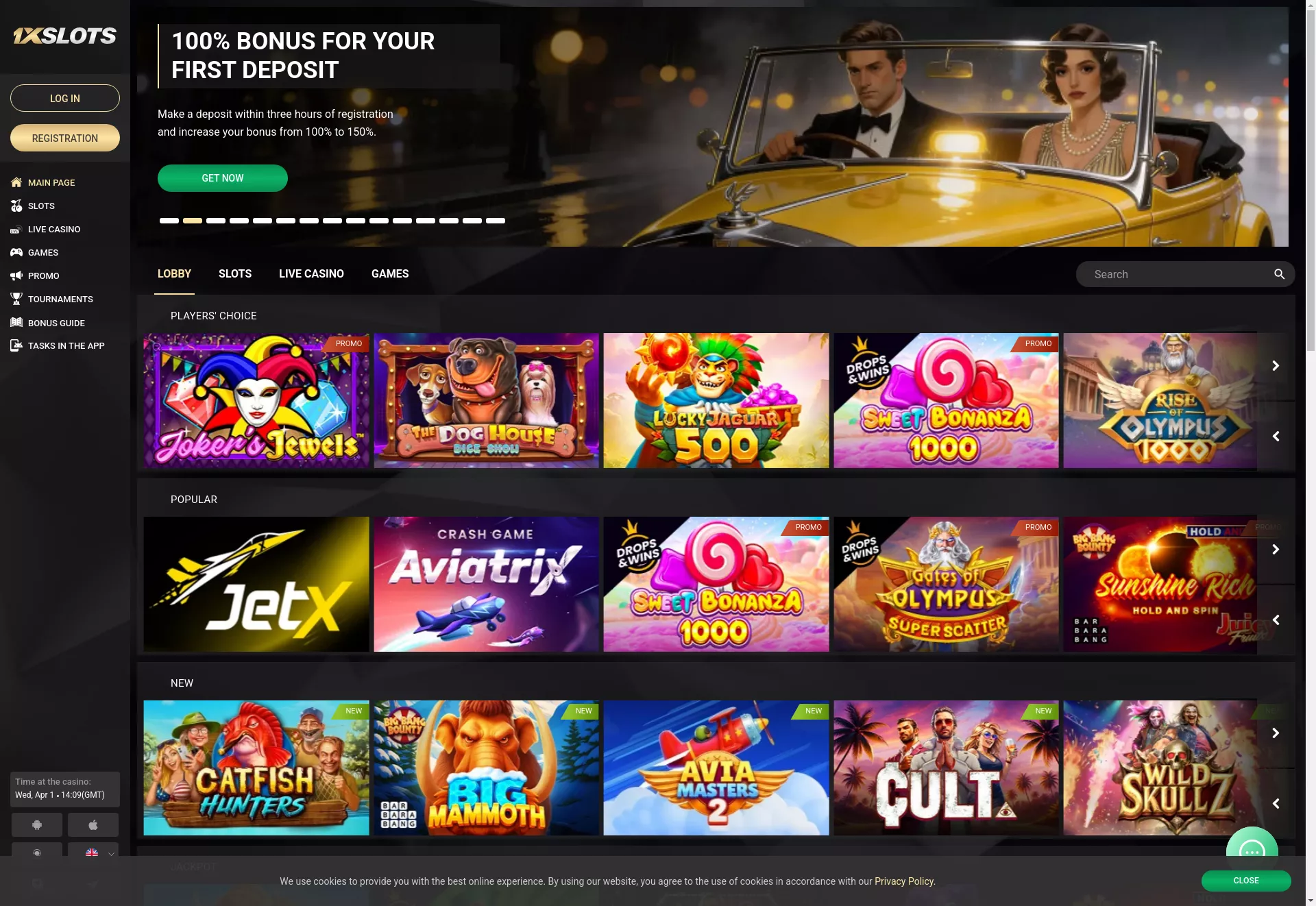 Desktop screen. 1xSlots Up to $2000 + 150 FS