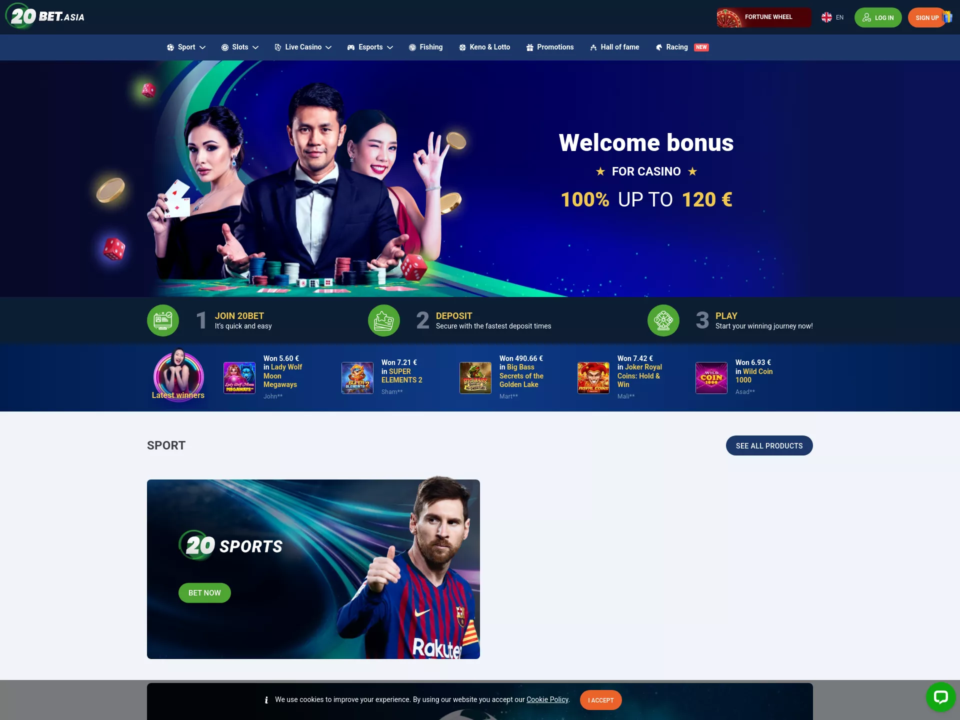Desktop screen. 20 Bet 100% up to ৳12000 + 120 FS