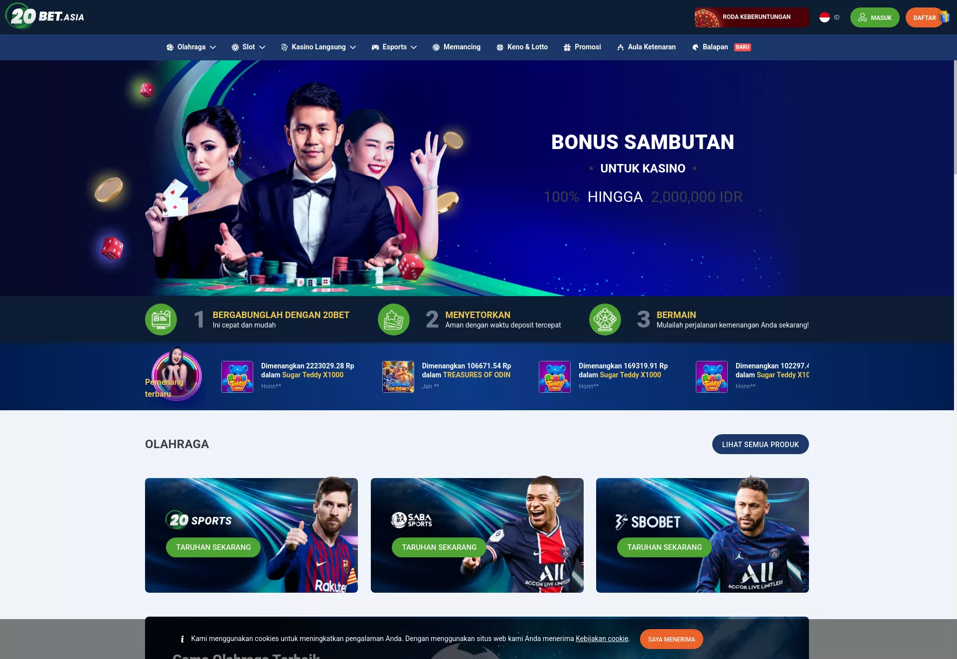 Desktop screen. 20 Bet 100% up to Rp2,000,000 + 120 FS