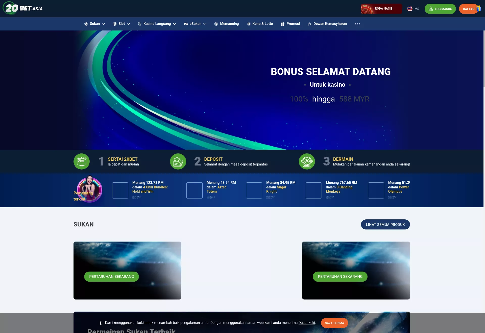 Desktop screen. 20 Bet 100% up to RM588 + 120 FS