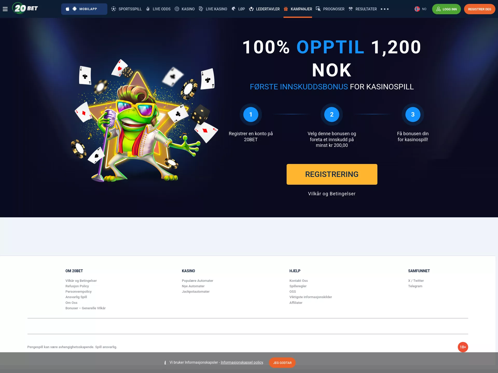 Desktop screen. 20 Bet 100% up to kr1200 + 120 FS