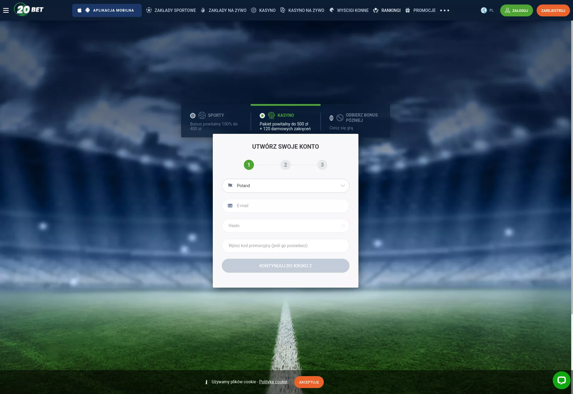 Desktop screen. 20 Bet Up to zł900 + 170 FS