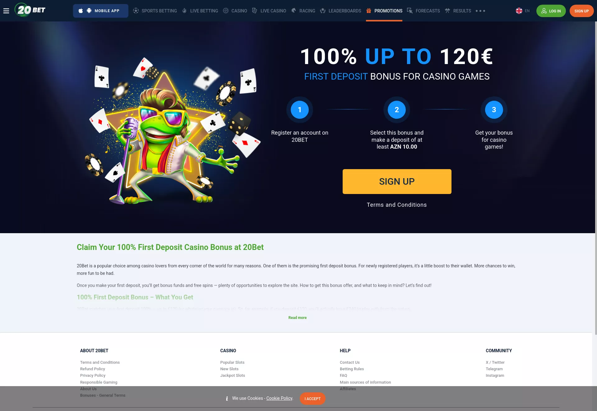 Desktop screen. 20 Bet Up to $220 + 170 FS