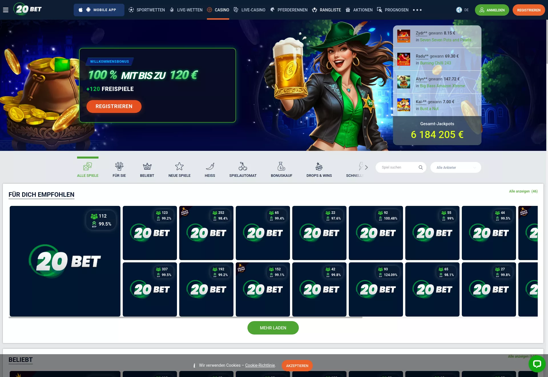 Desktop screen. 20 Bet 100% bis zu €120 + 120 FS