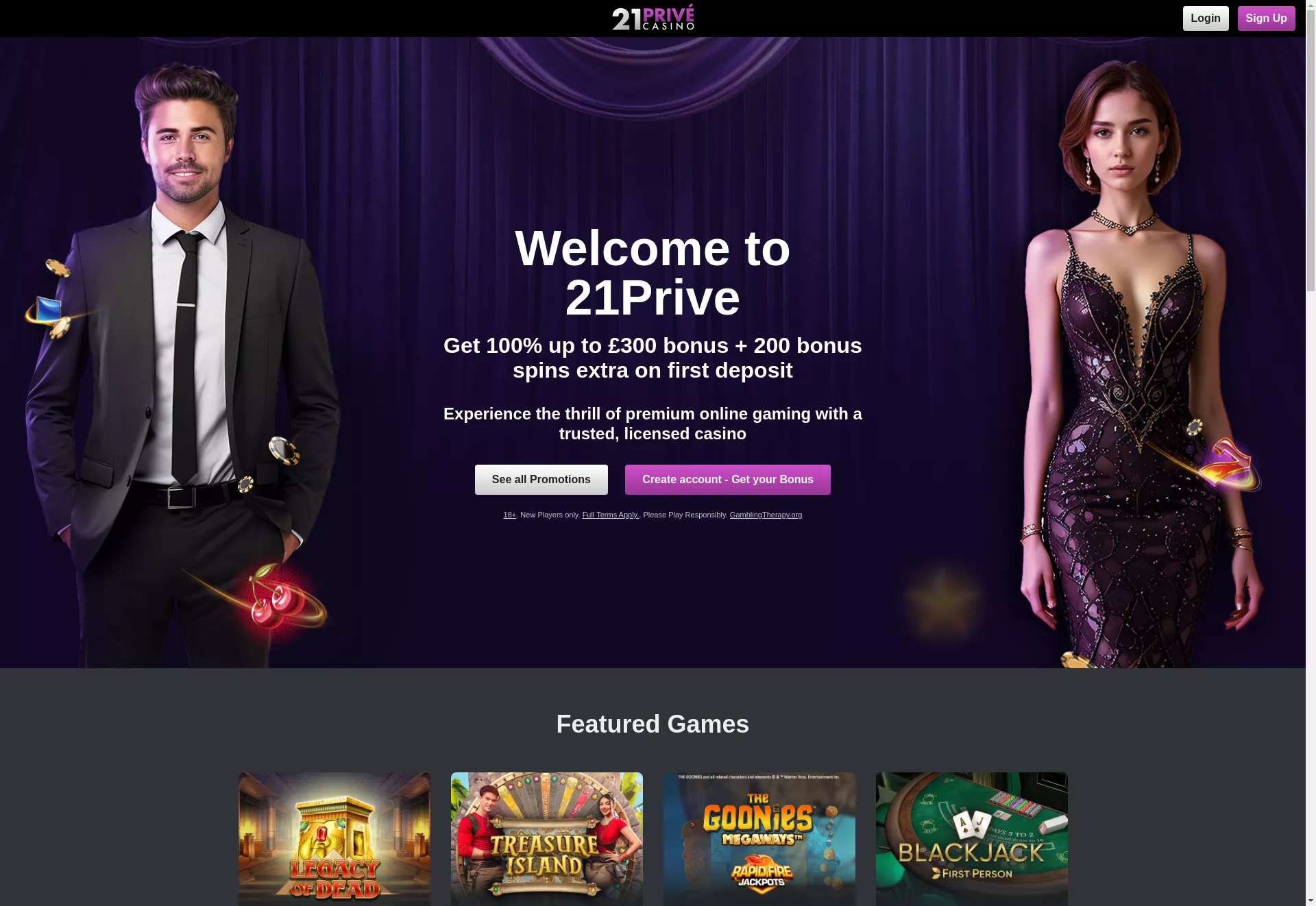 Desktop screen. 21 Prive 100% up to €1300 + 200 FS