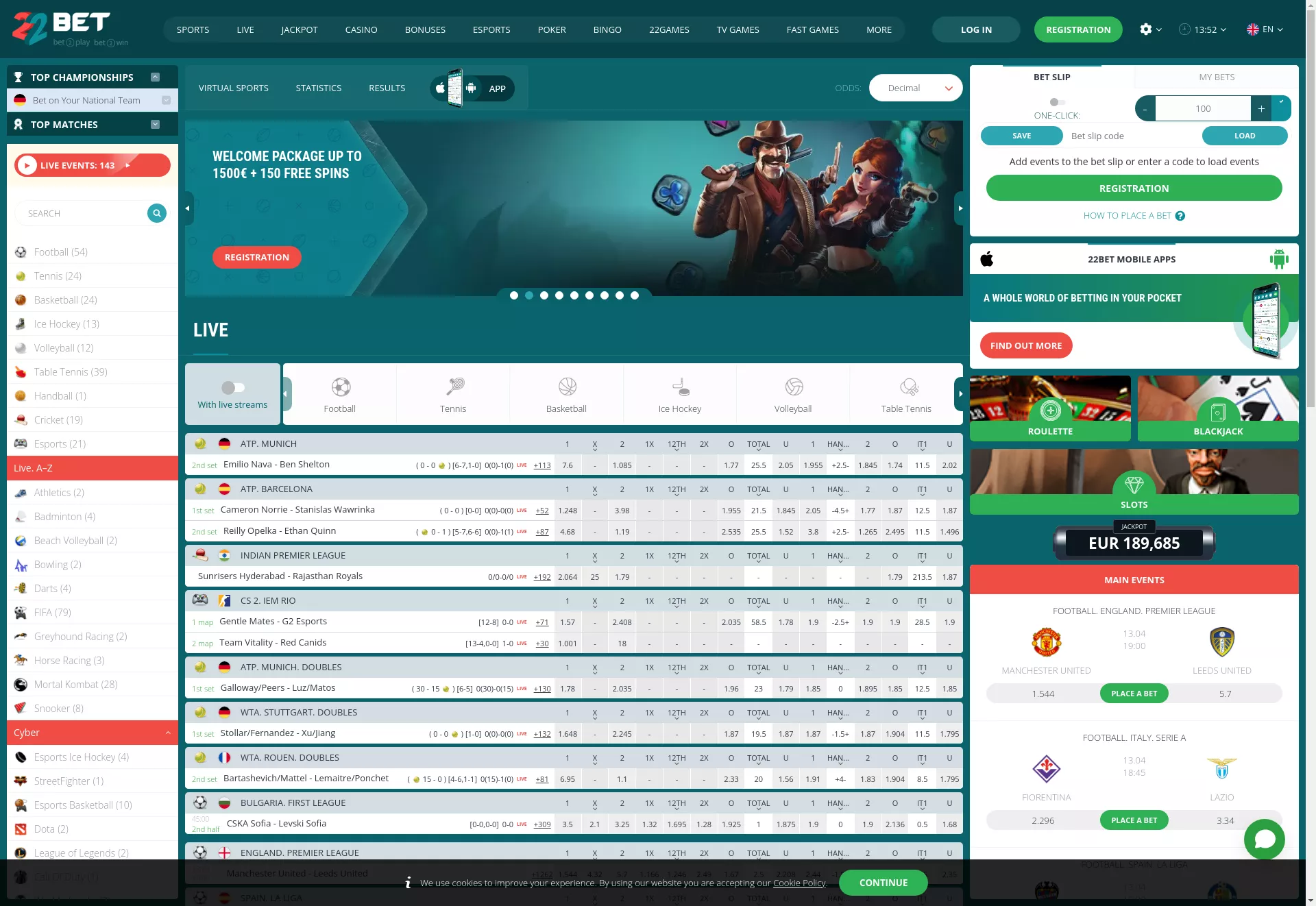 Desktop screen. 22 Bet Up to $1500 + 150 FS