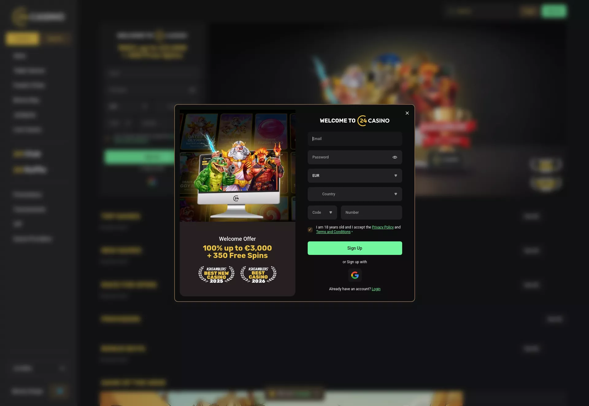 Desktop screen. 24 Casino Up to $3000 + 350 FS