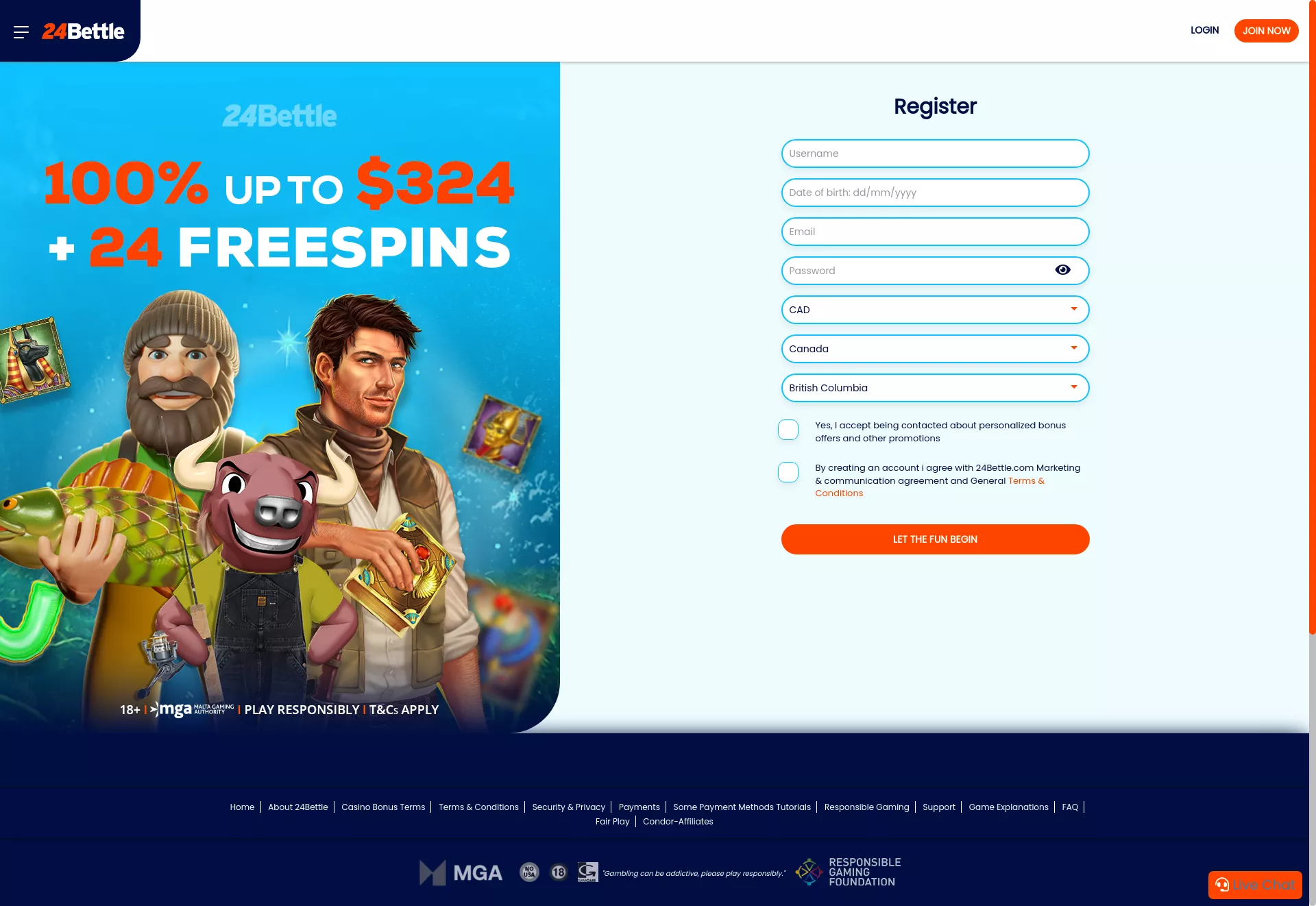 Desktop screen. 24 Bettle Casino 100% up to C$324 + 24 FS