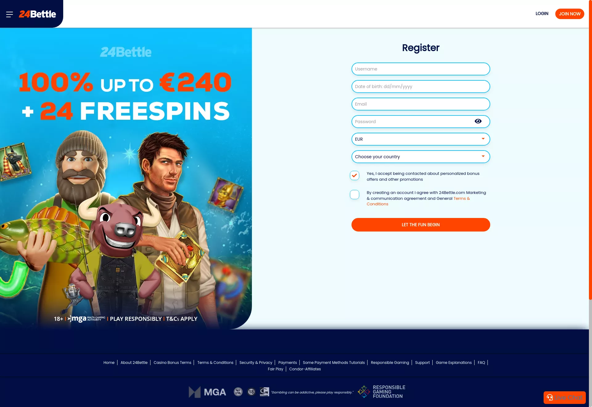 Desktop screen. 24 Bettle Casino 100% up to $240 + 24 FS