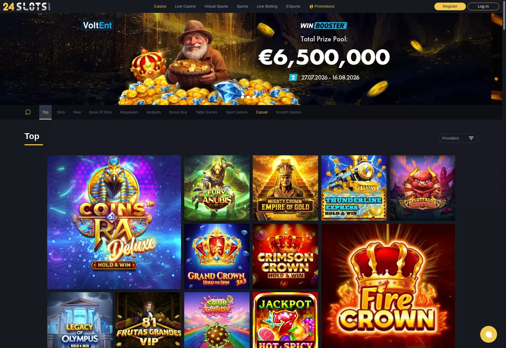 Desktop screen. 24slots Casino 220% up to $500 + 25 FS