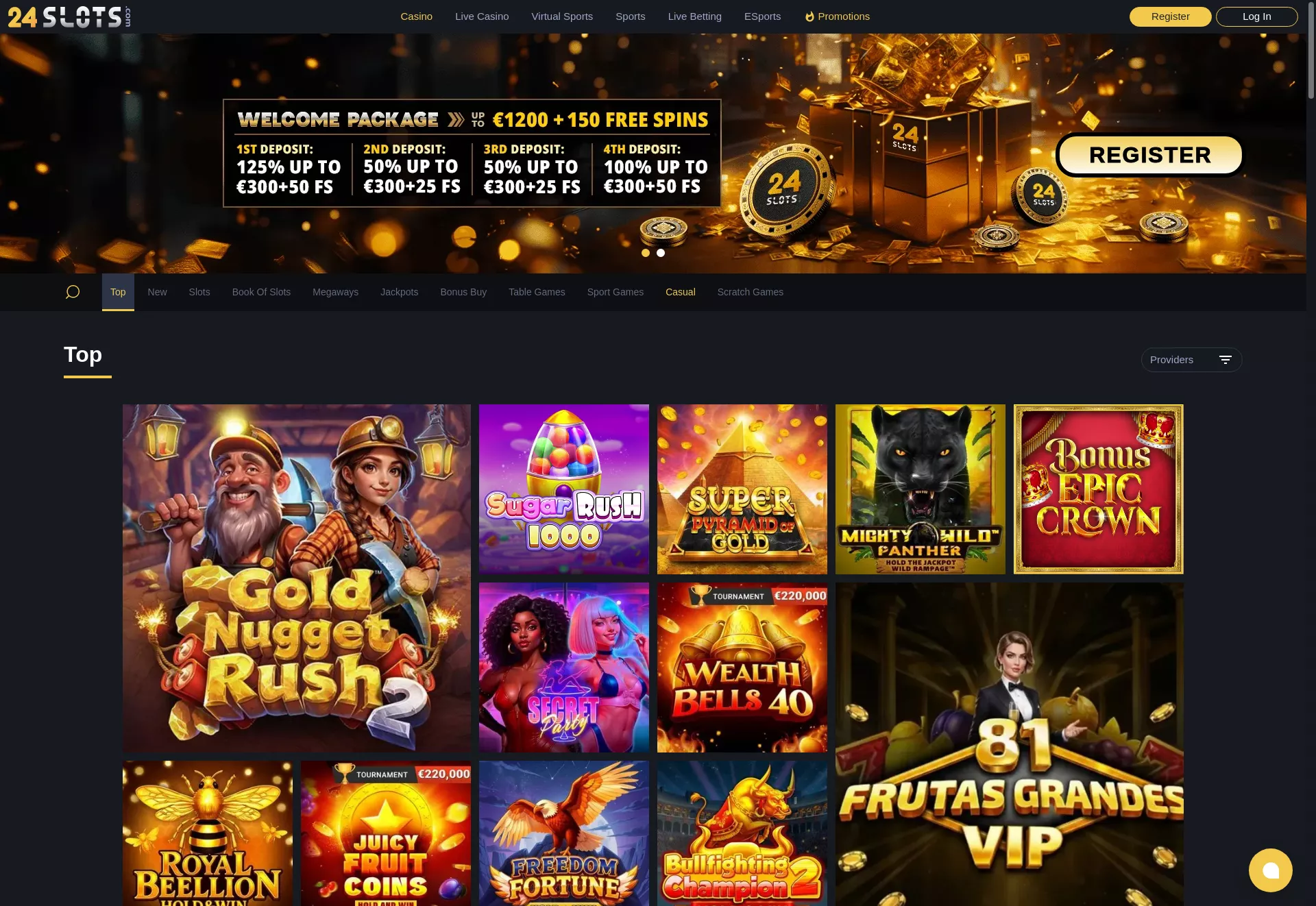 Desktop screen. 24slots Casino Up to $1200 + 150 FS