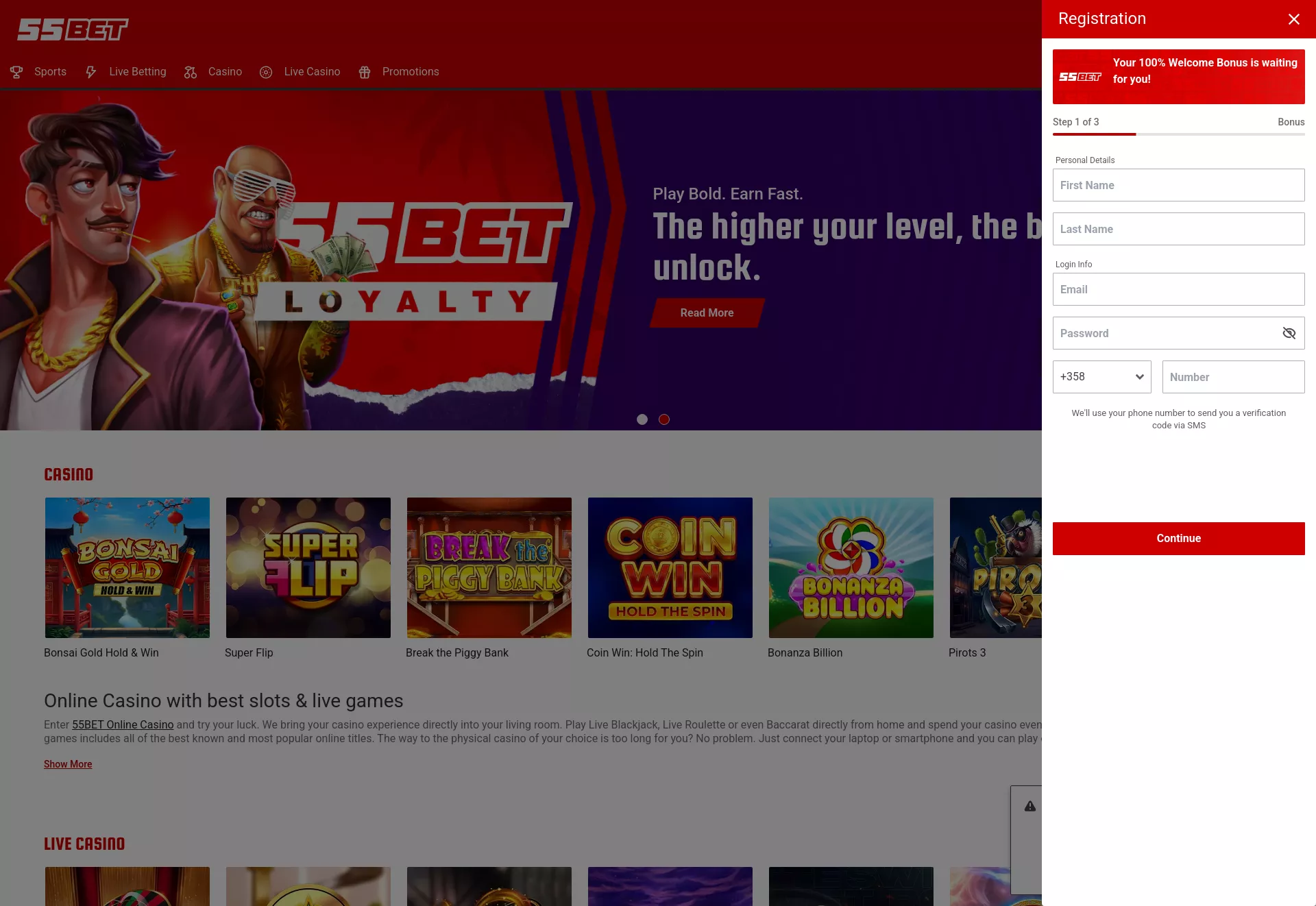 Desktop screen. 55BET 100% up to $100