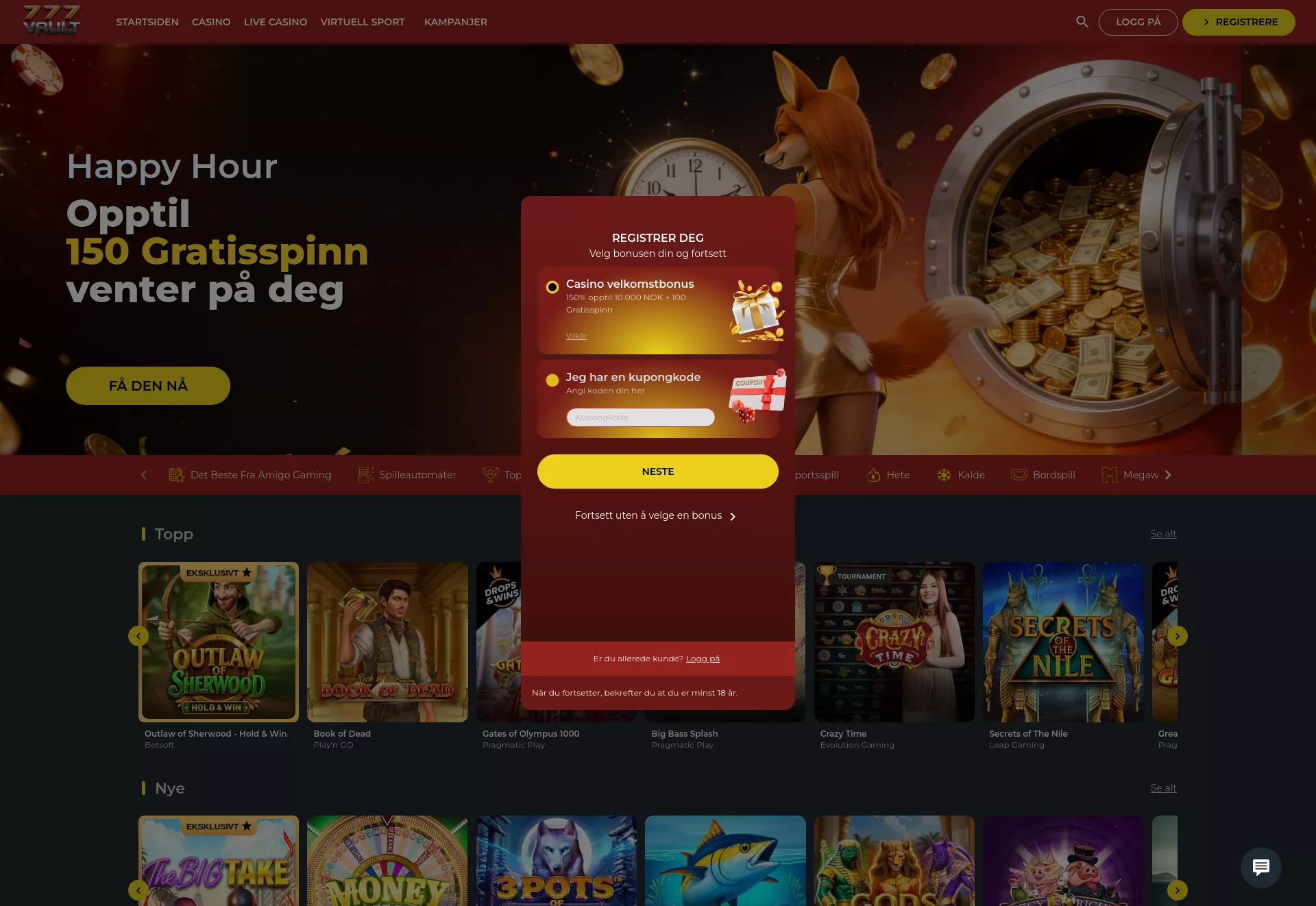 Desktop screen. 777Vault 100% up to kr5000 + 100 FS