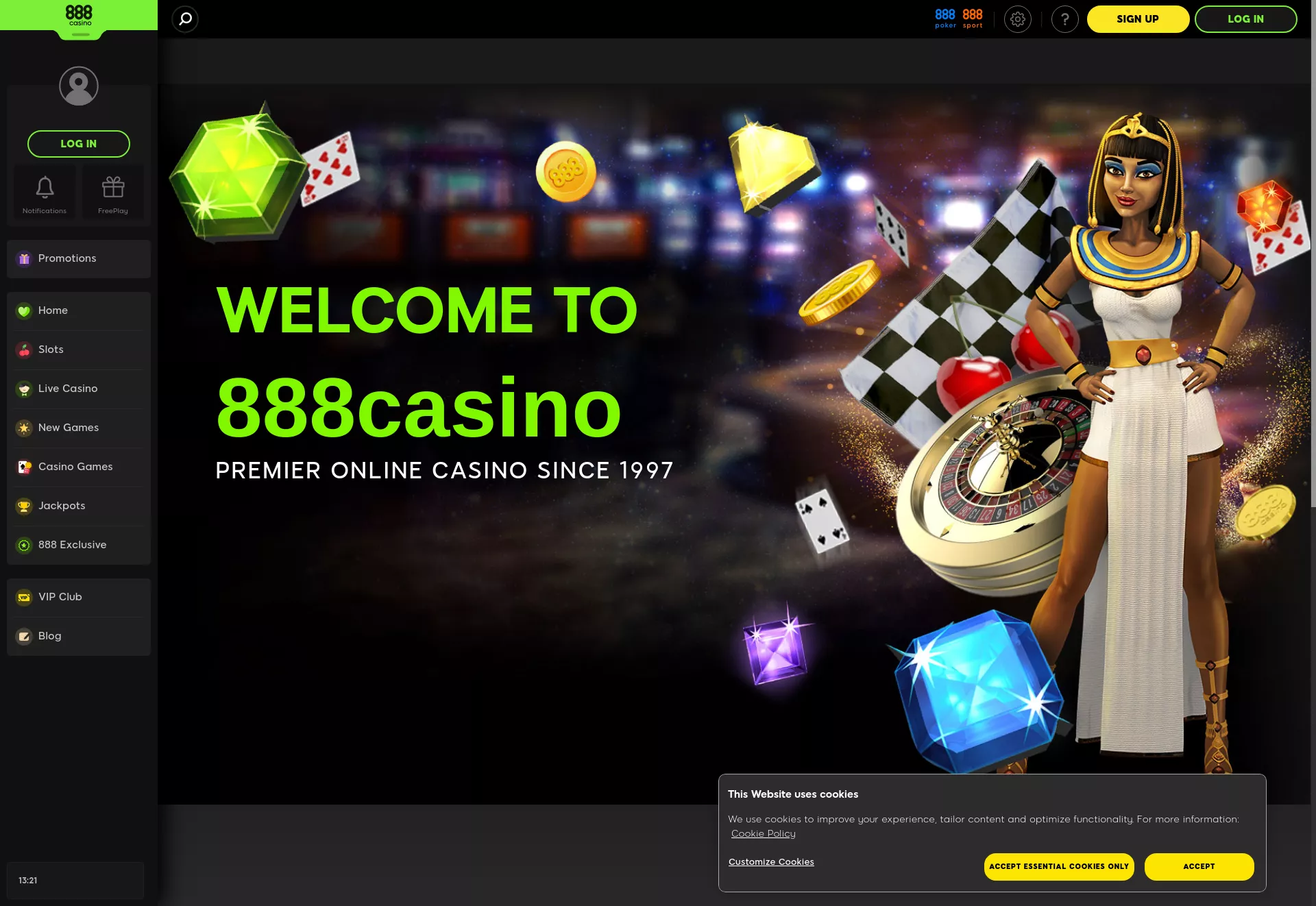 Desktop screen. 888 Casino 100% up to $500 + 100 FS