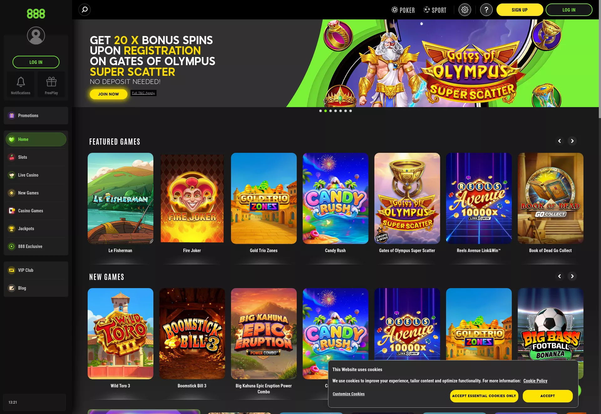 Desktop screen. 888 Casino 100% up to $500 + 100 FS