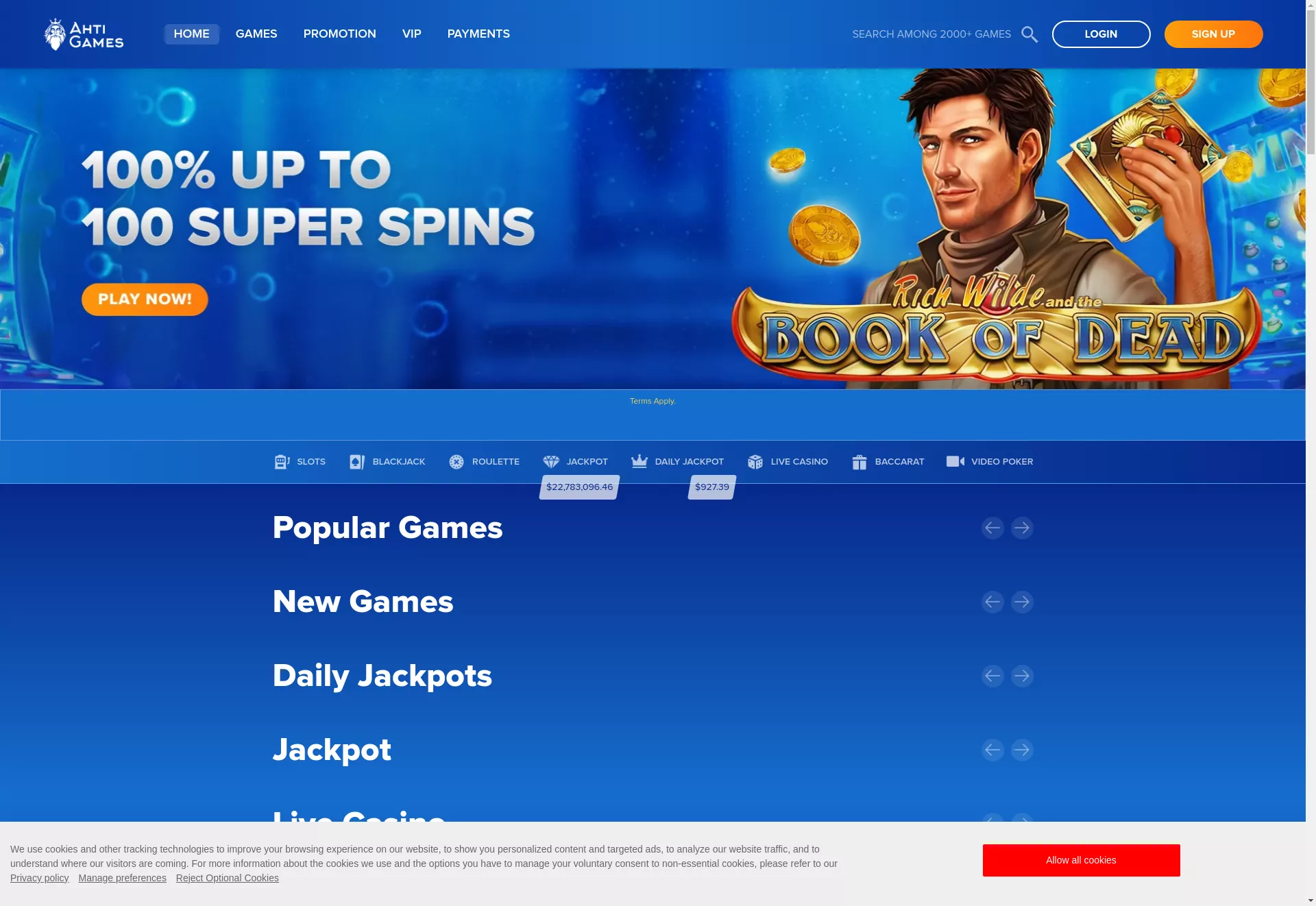 Desktop screen. AHTI Games 100% up to $100 + 20 FS