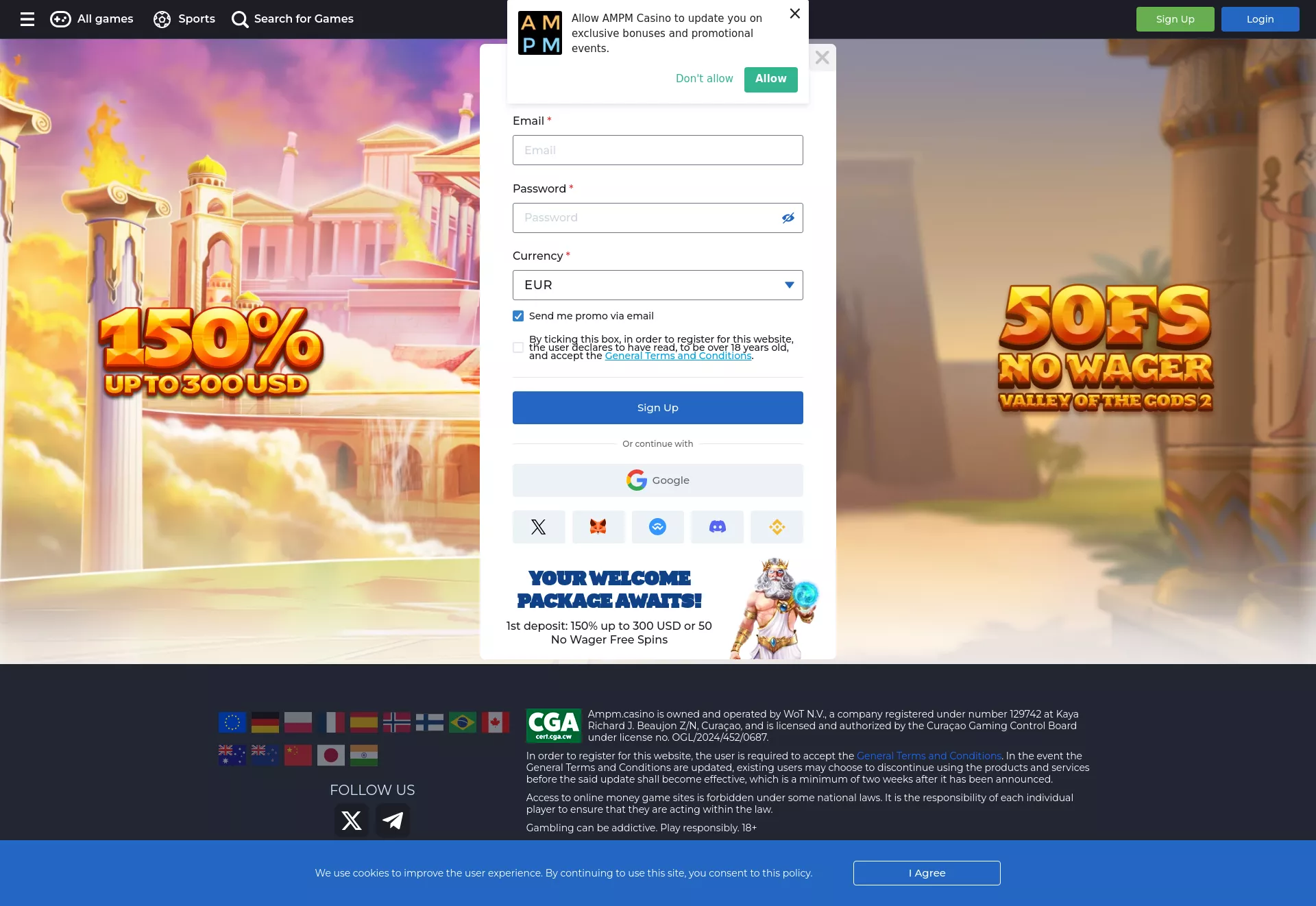 Desktop screen. AMPM Casino Get 55 Free Spins