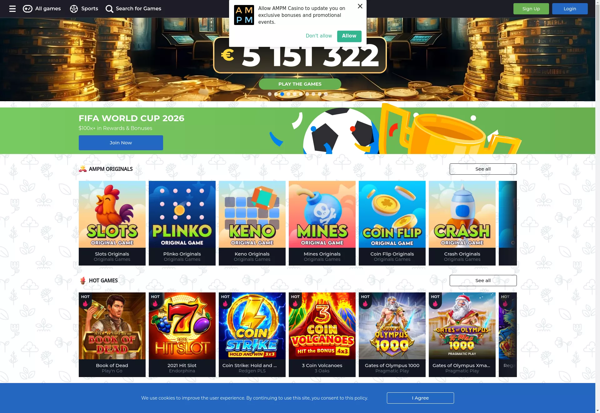 Desktop screen. AMPM Casino Up to 150 FS