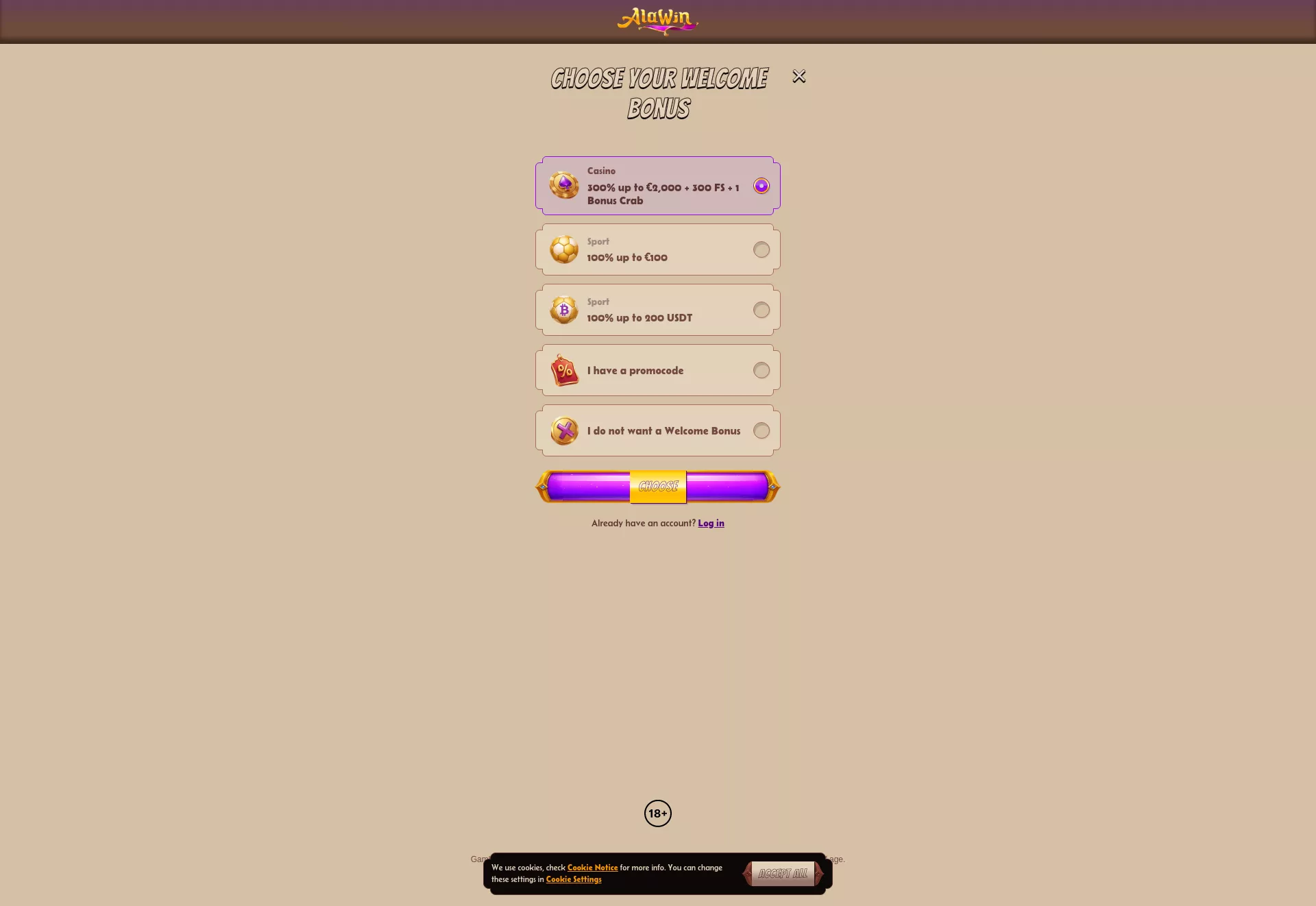 Desktop screen. Alawin Up to $2000 + 300 FS + 1 Bonus Crab