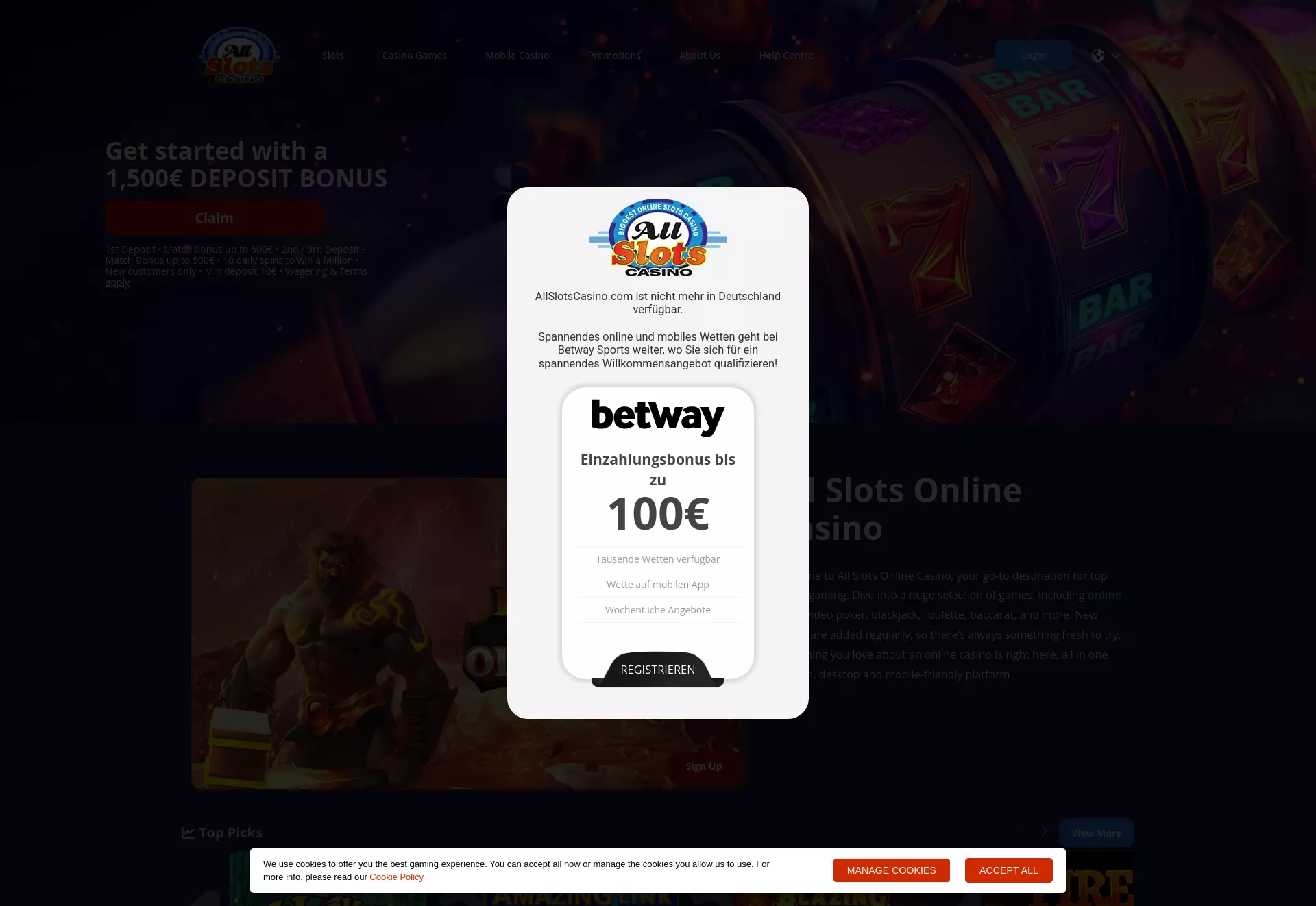 Desktop screen. All Slots Casino Up to $1500