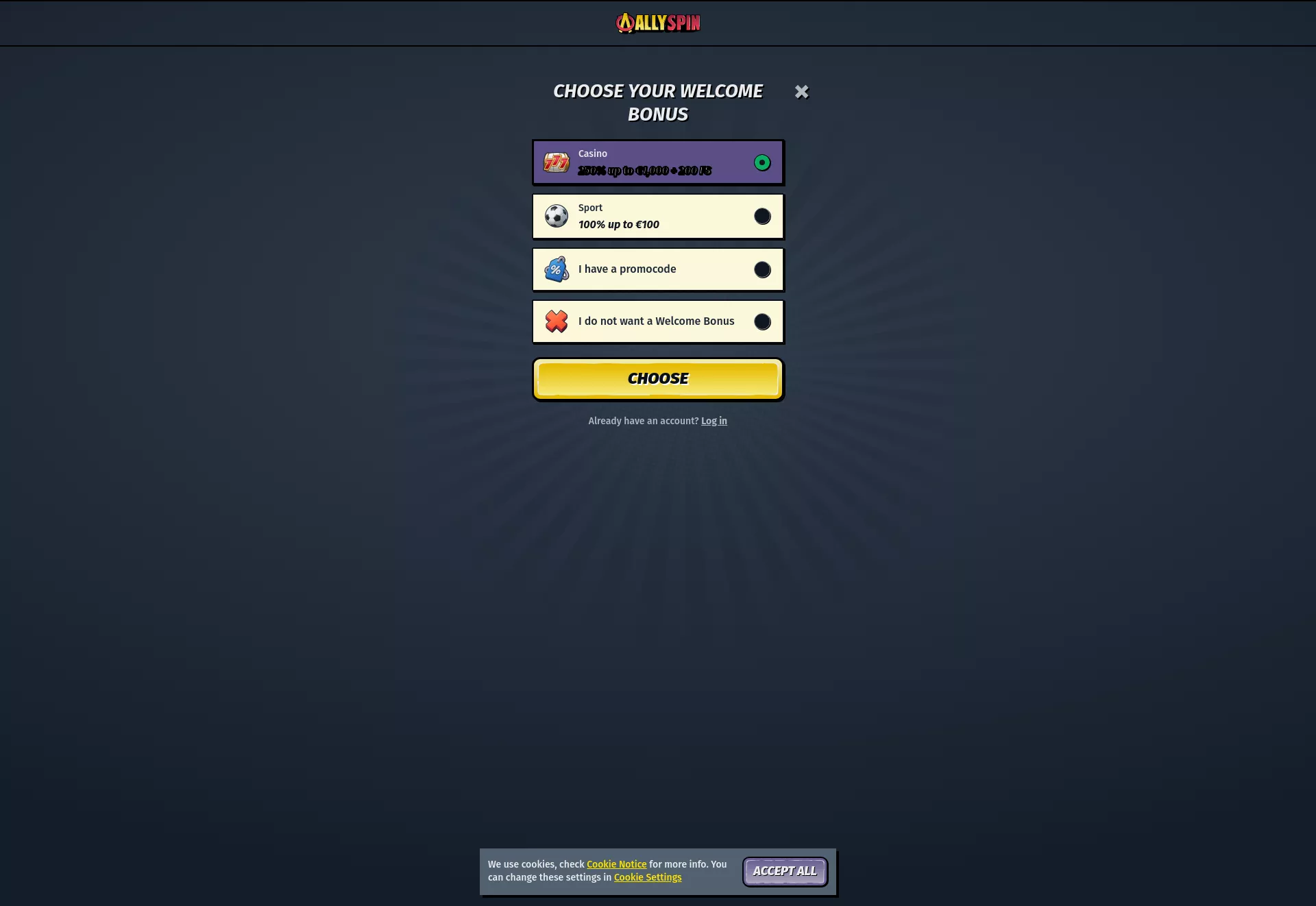 Desktop screen. AllySpin Casino Up to $1000 + 200 FS + 3 Bonus Crab