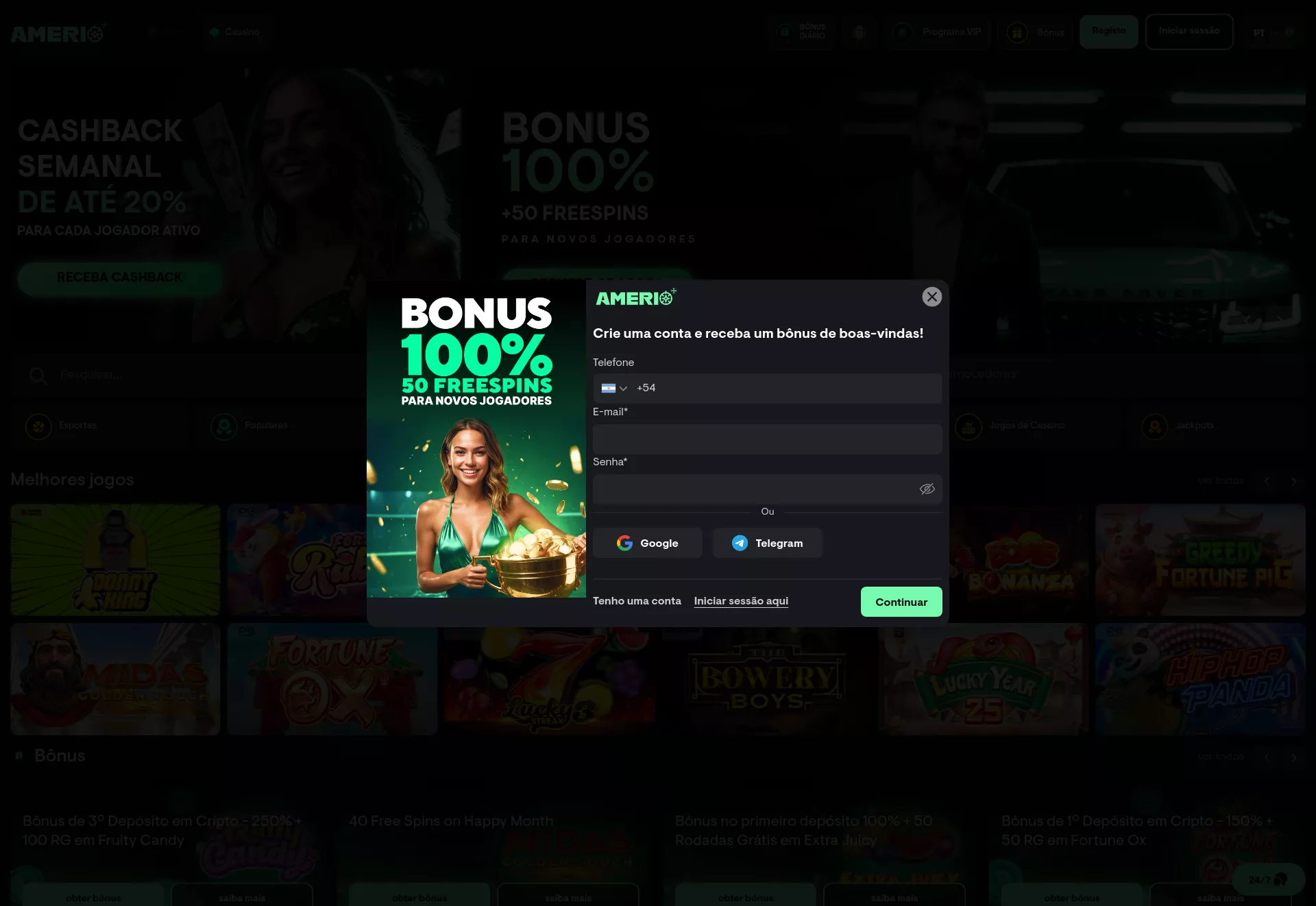 Desktop screen. Amerio Casino Up to $6000 + 500 FS
