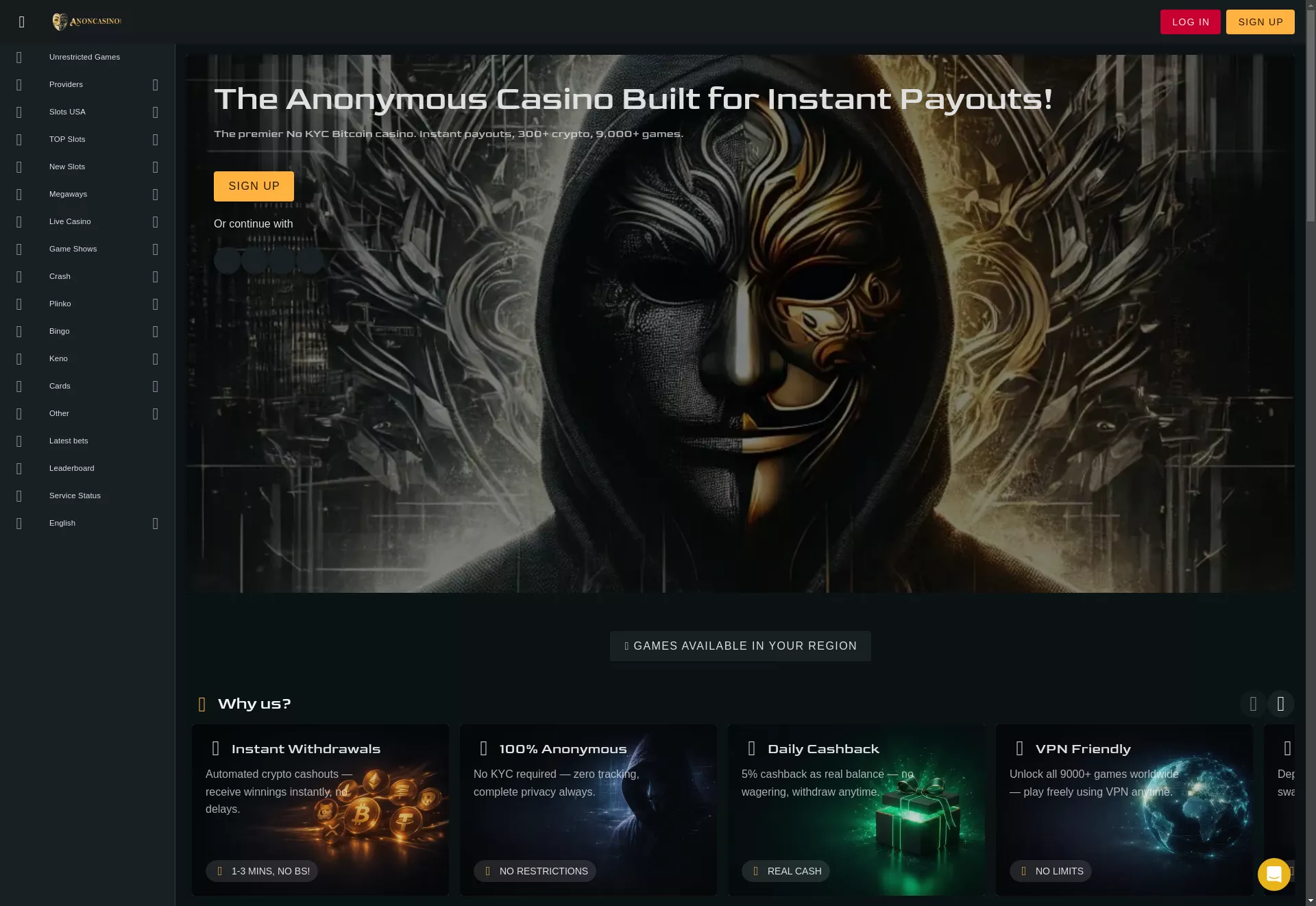 Desktop screen. AnonCasino Cashback 5%