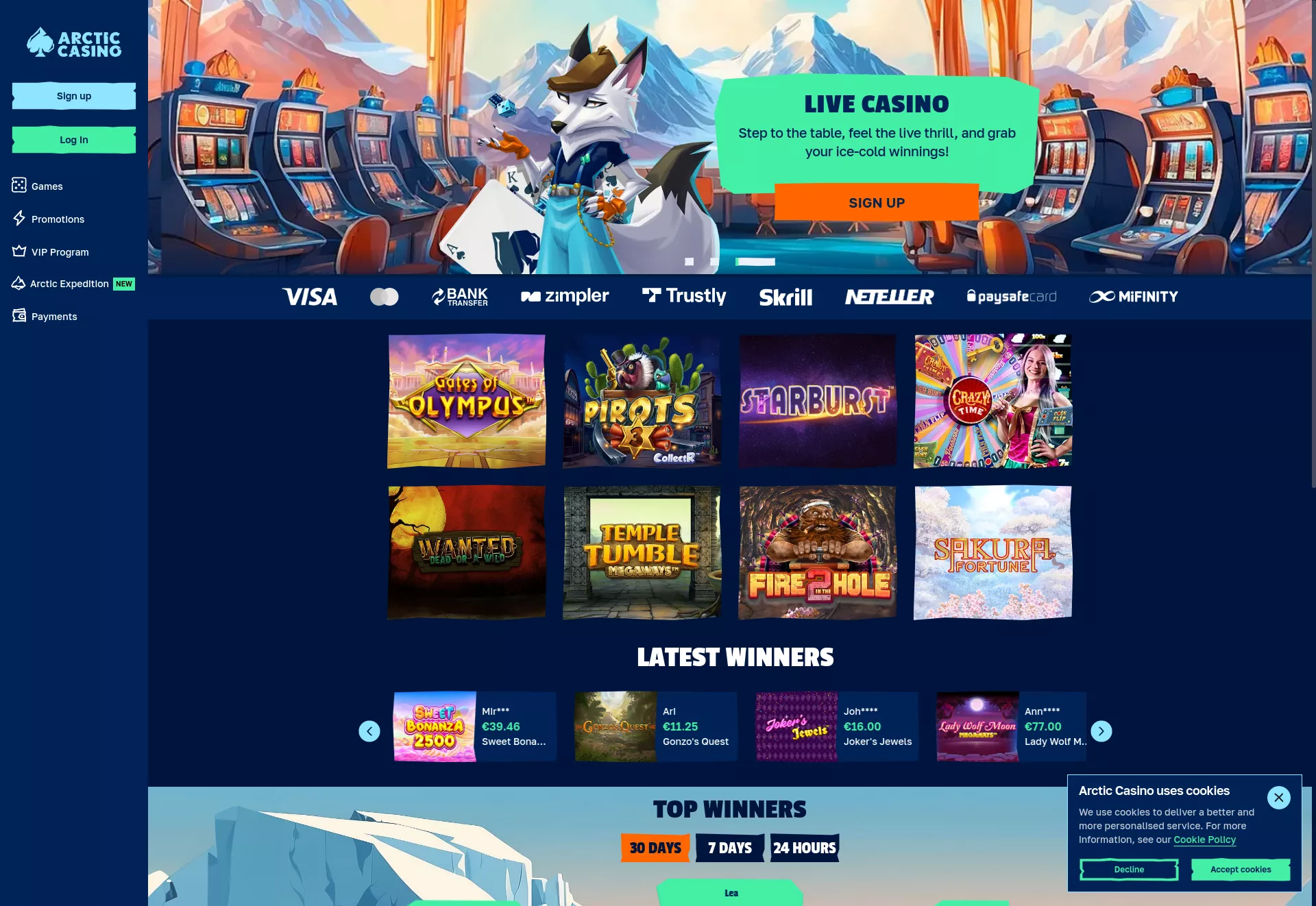 Desktop screen. Arctic Casino 100% up to $100 + 100 FS