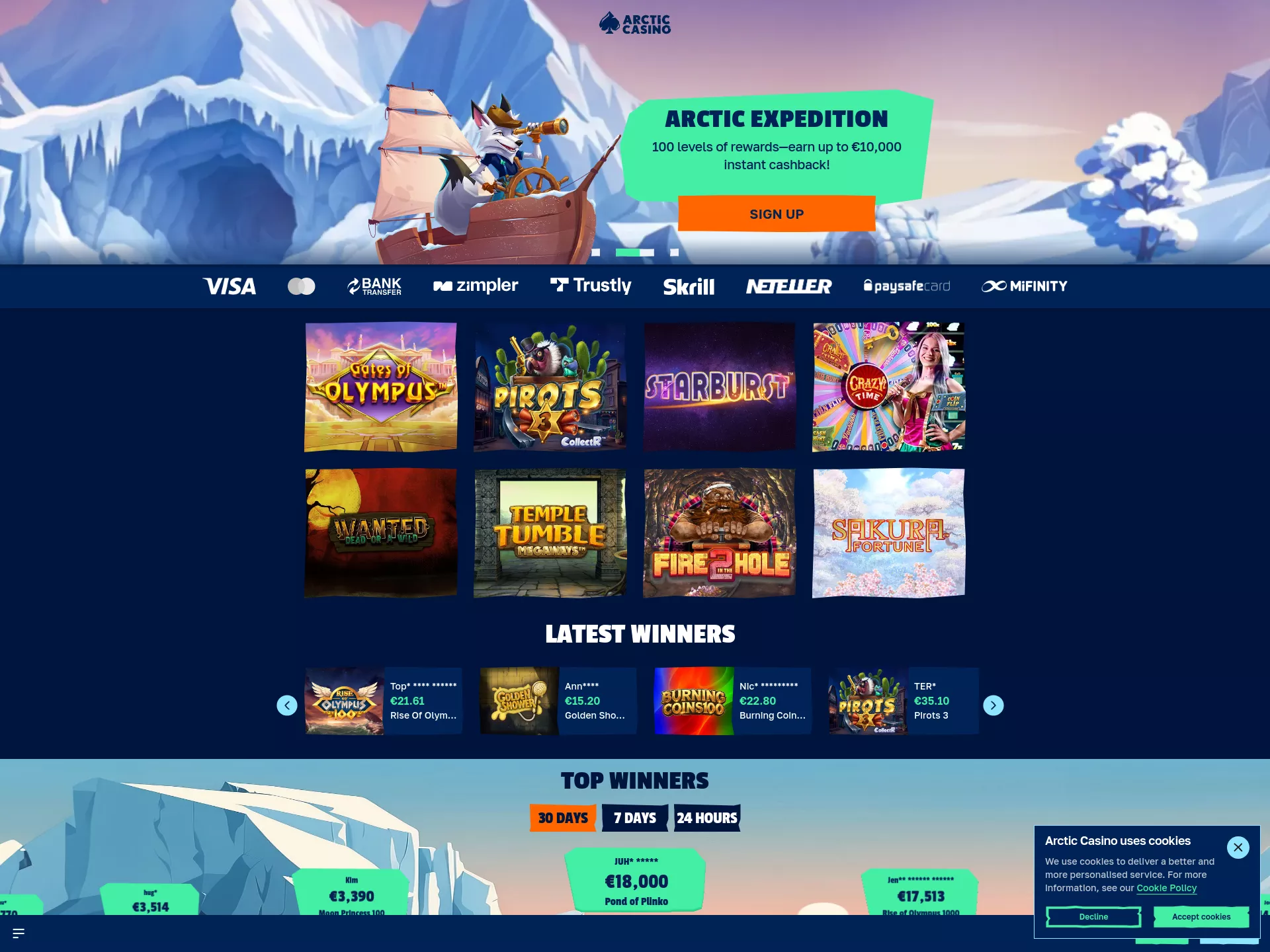 Desktop screen. Arctic Casino 100% up to $300