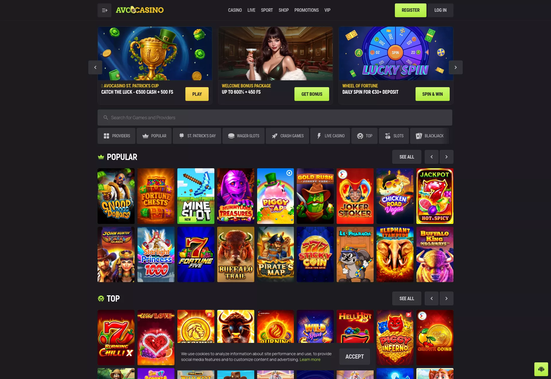 Desktop screen. Avocasino 175% up to $100 + 25 FS