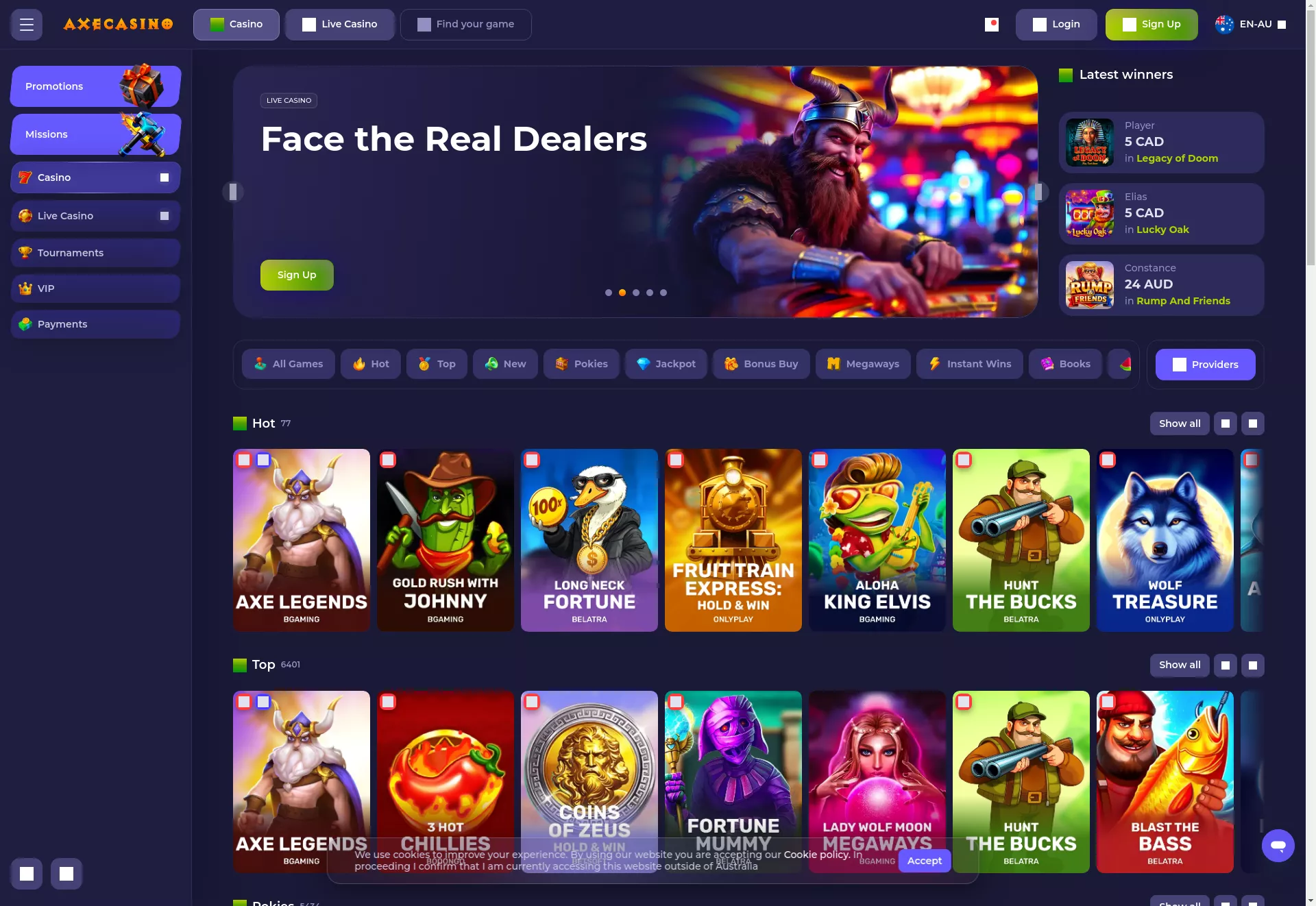 Desktop screen. Axe Casino Up to $3750 + 200 FS