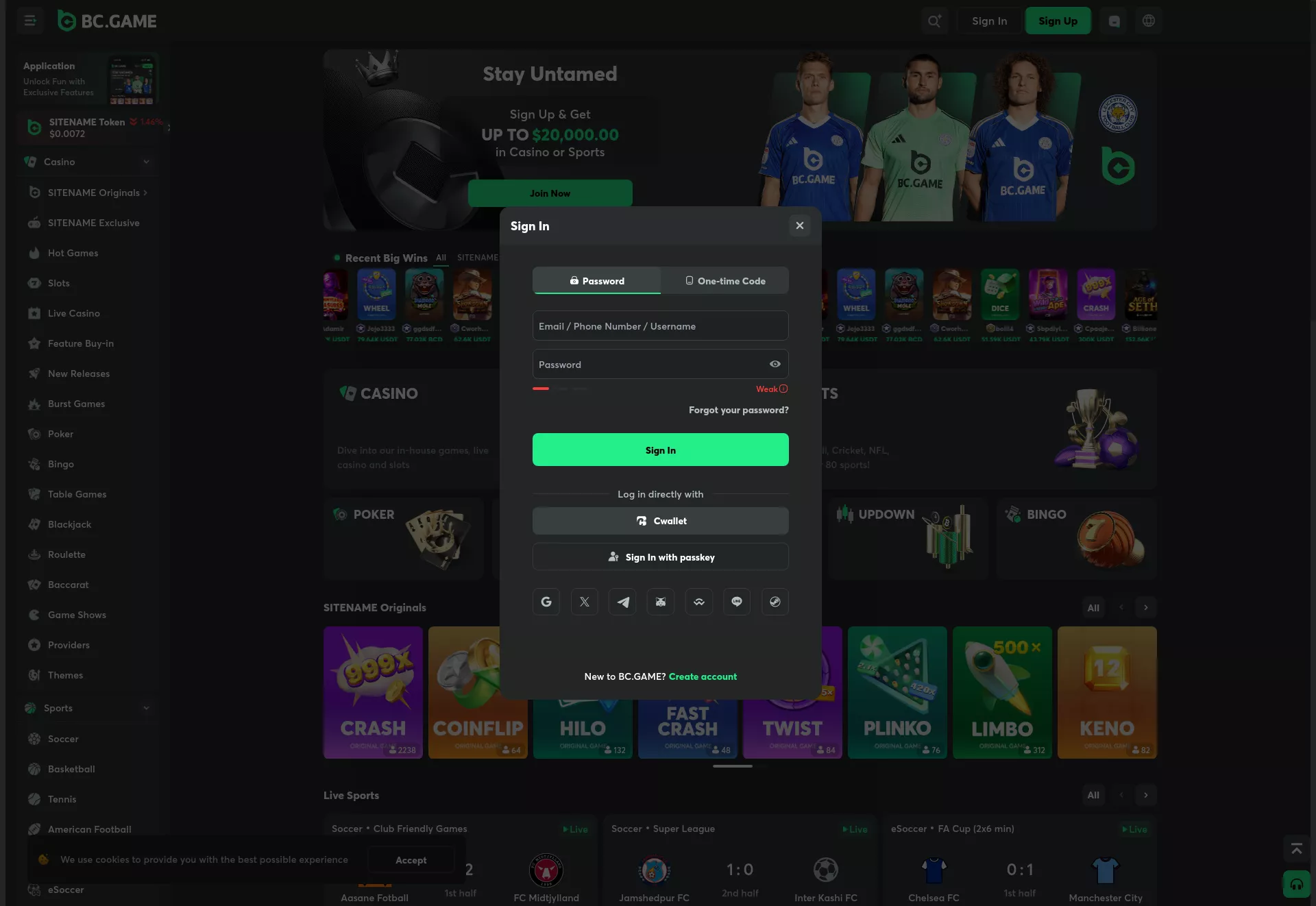 Desktop screen. BC.Game Casino Up to C$2292 + 400 FS