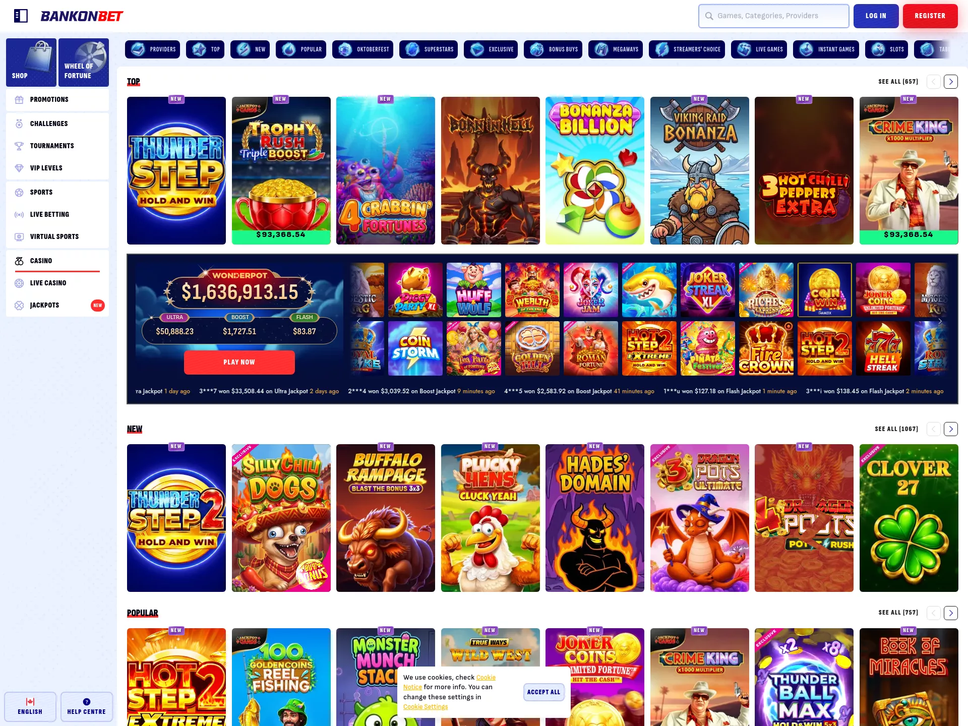 Desktop screen. BankonBet 100% up to C$750 + 200 FS + 1 Bonus Crab