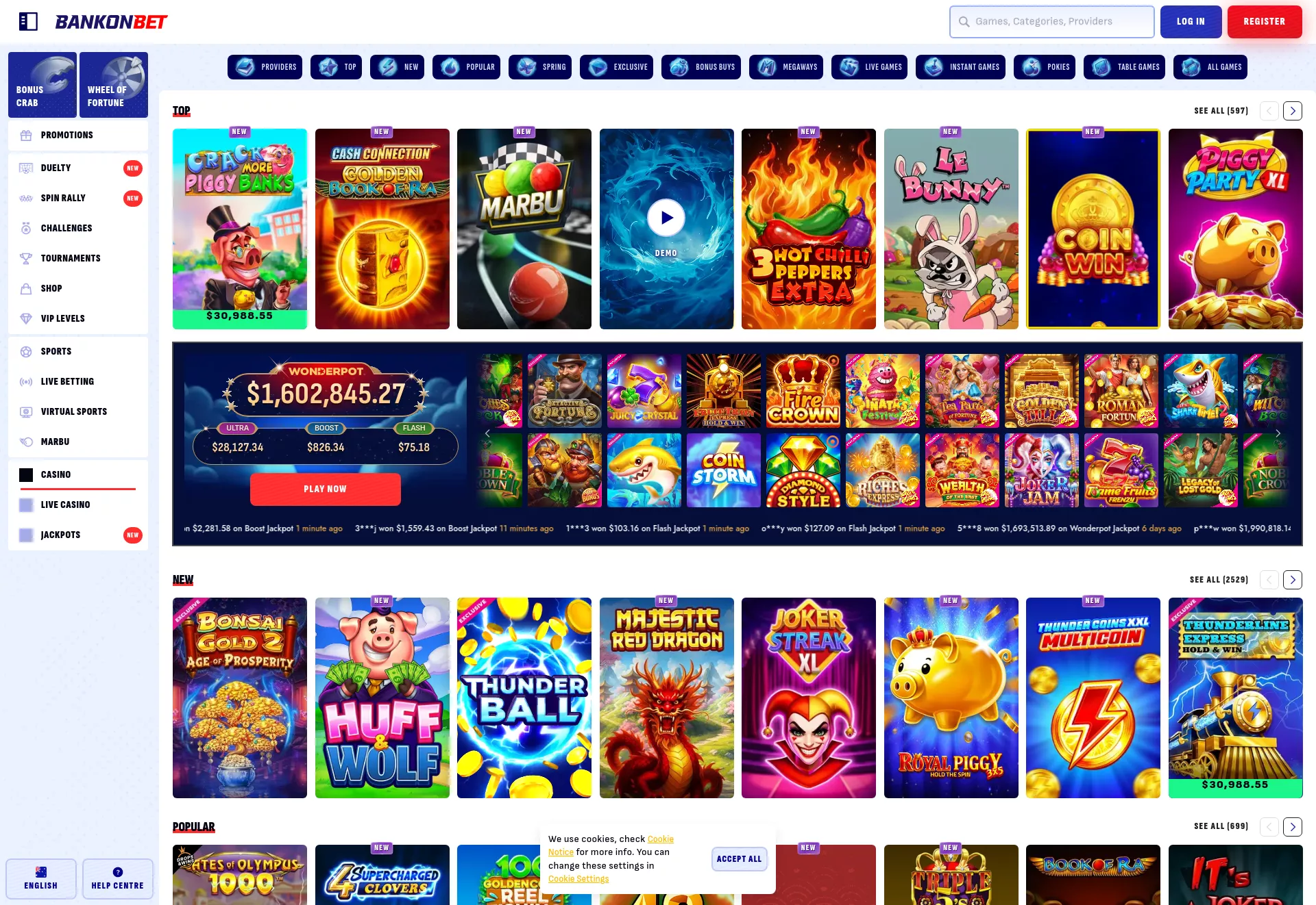 Desktop screen. BankonBet 100% up to $500 + 200 FS + 1 Bonus Crab