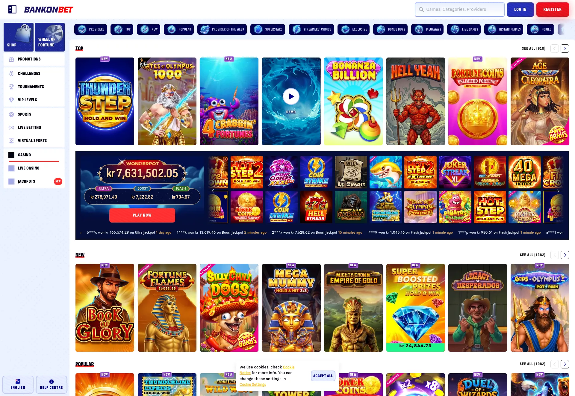 Desktop screen. BankonBet 100% up to kr5000 + 200 FS + 1 Bonus Crab