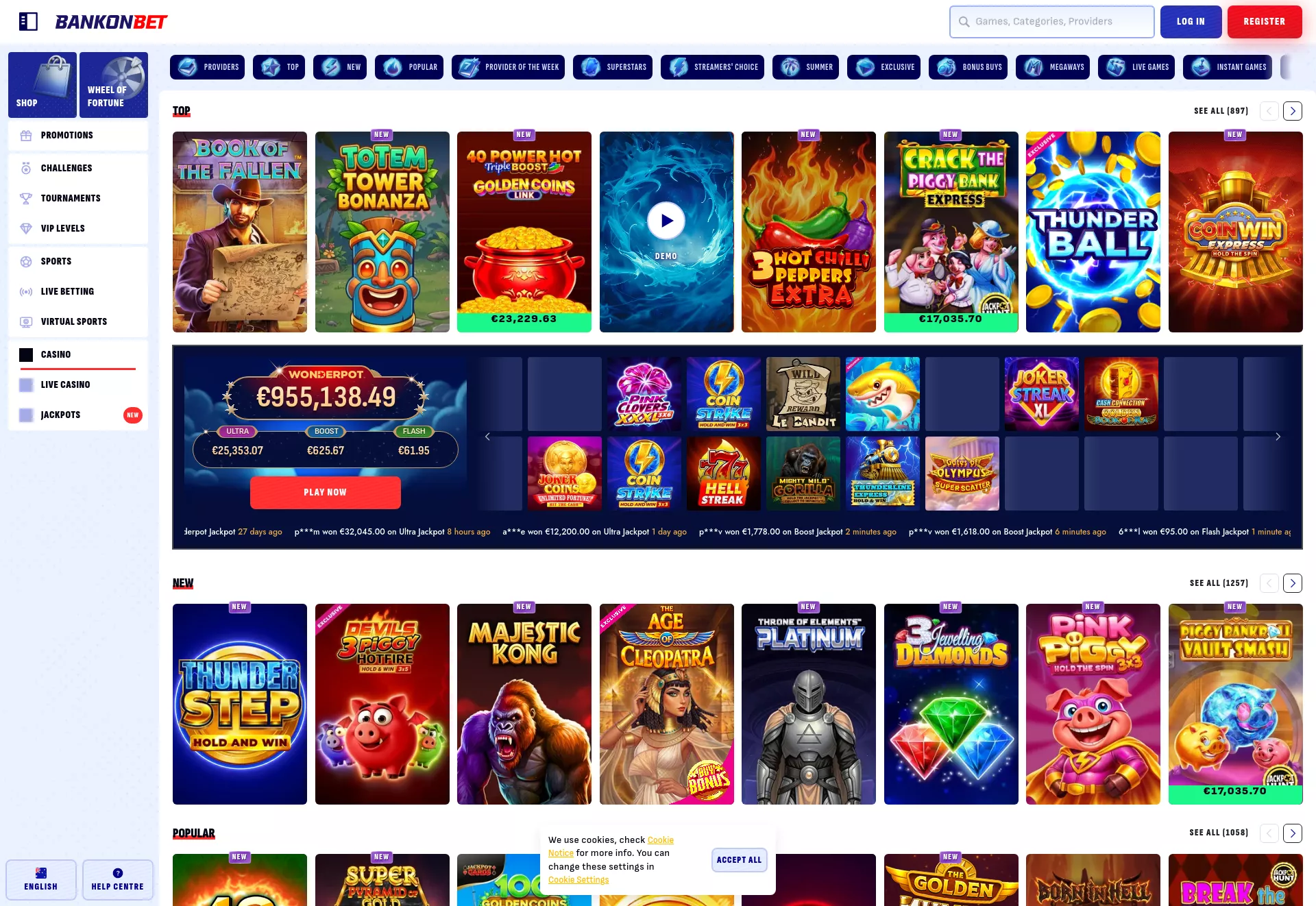 Desktop screen. BankonBet 100% bis zu €500 + 200 FS + 1 Bonus Crab