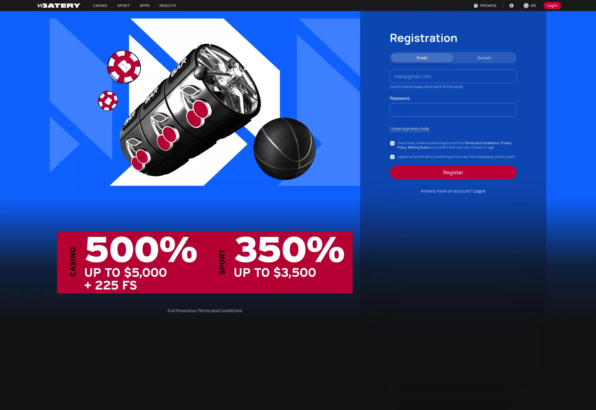 Desktop screen. BateryWin Up to $5000 + 225 FS