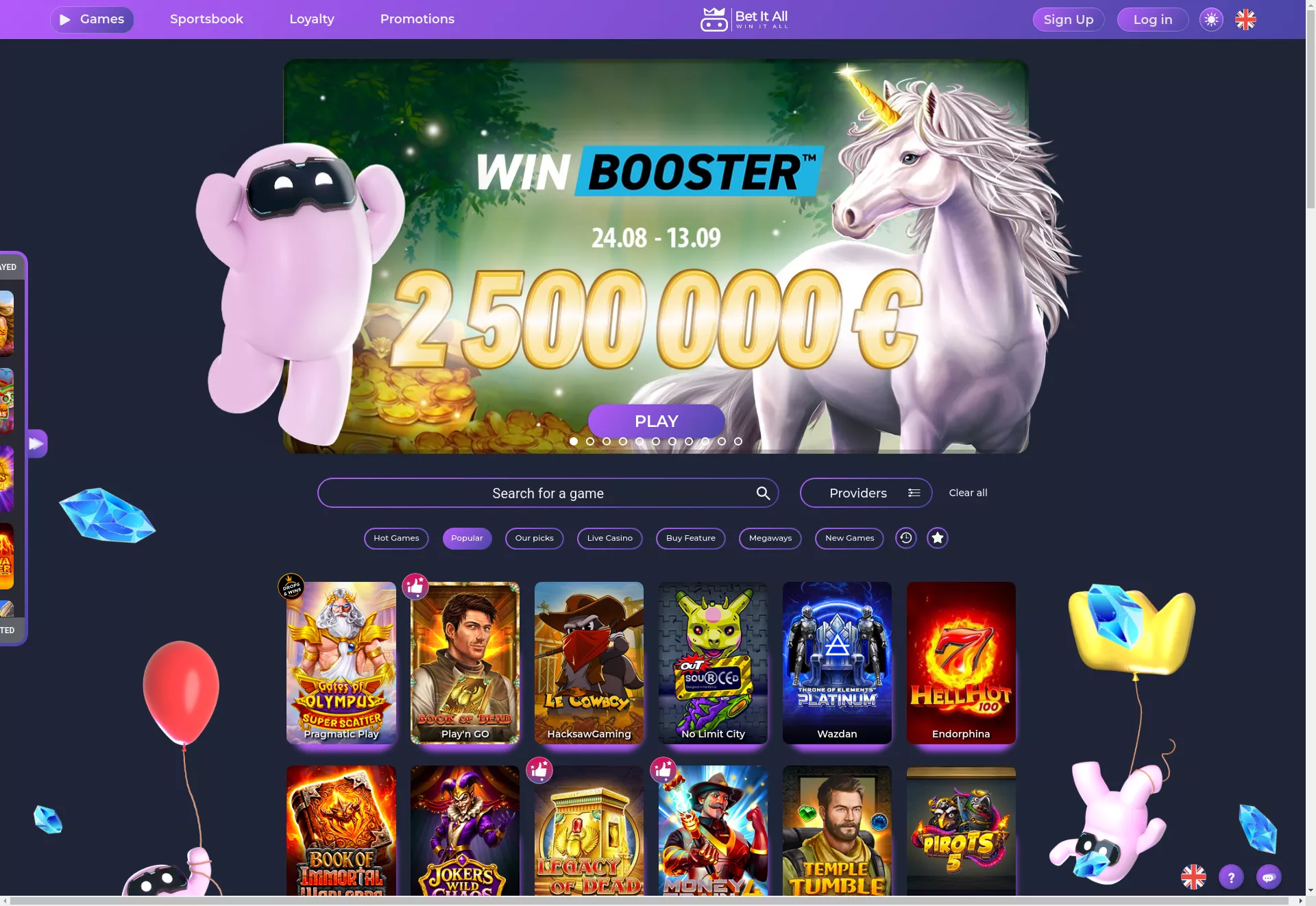 Desktop screen. Bet It All 100% bis zu €200 + 50 FS