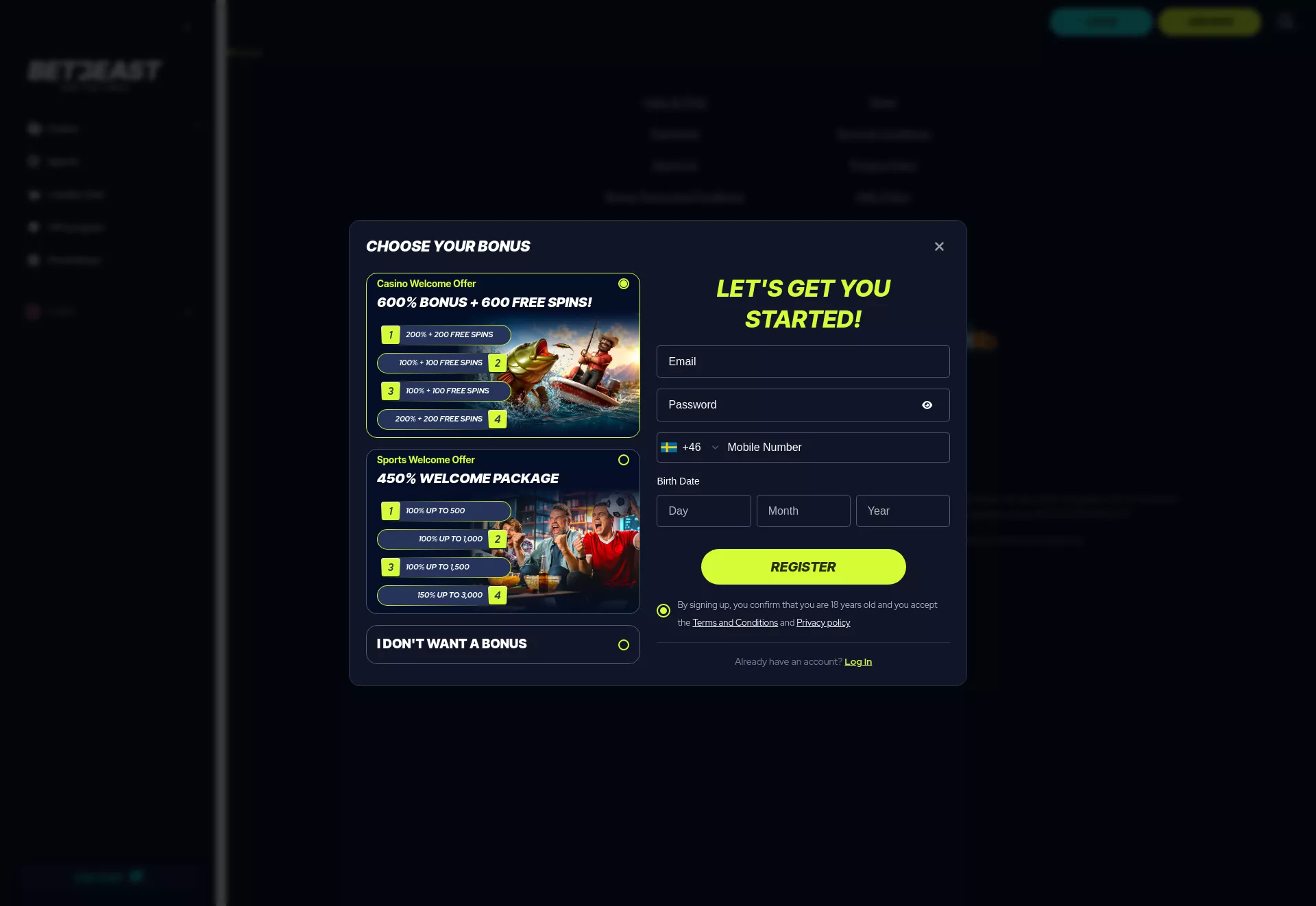 Desktop screen. BetBeast Up to €10000 + 600 FS