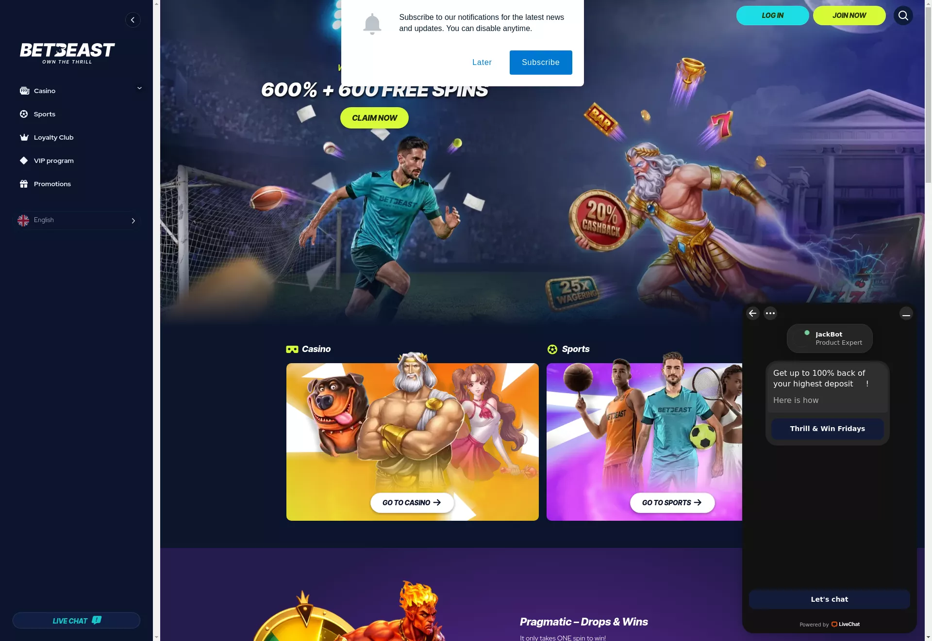 Desktop screen. BetBeast Up to $10000 + 600 FS