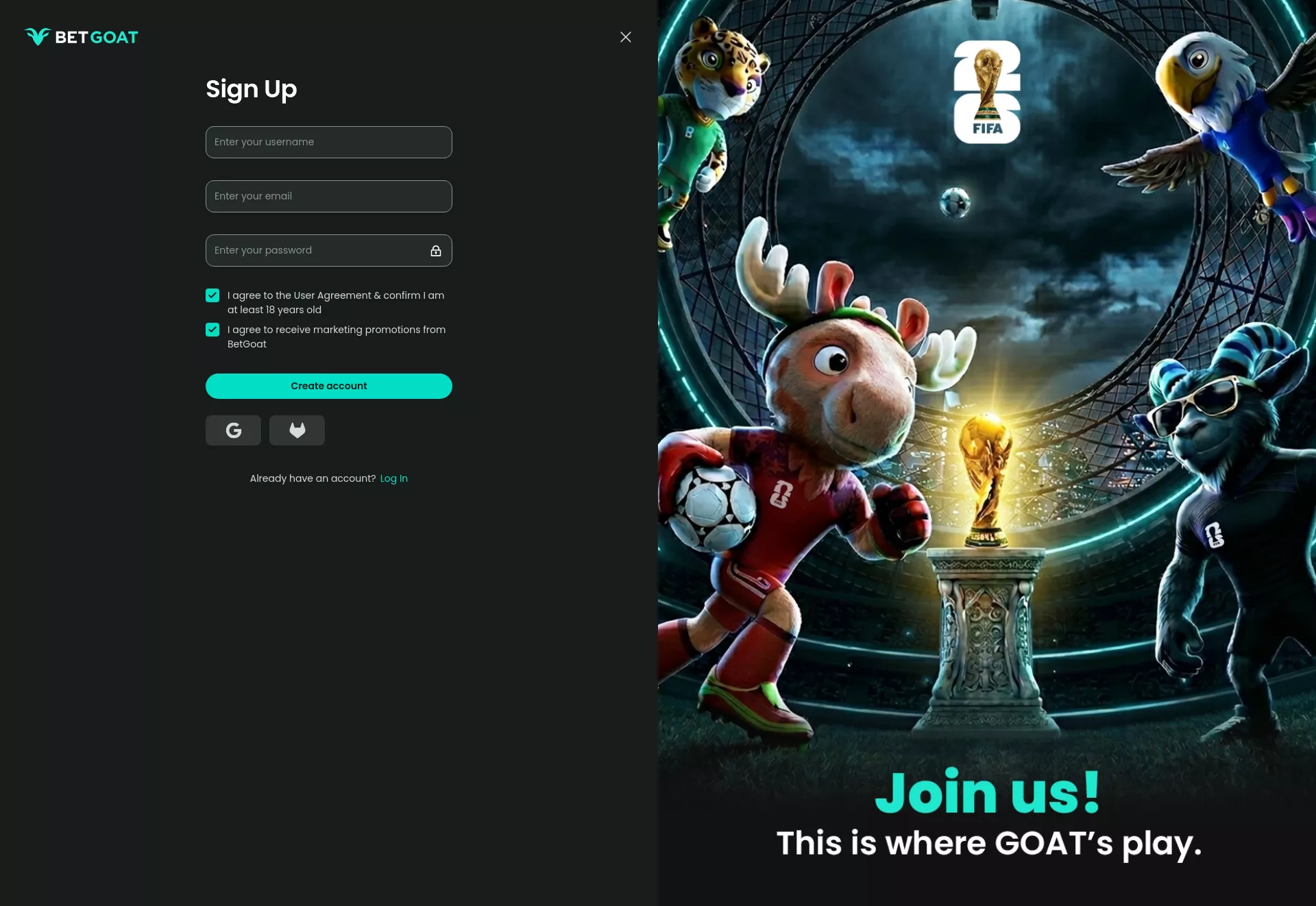 Desktop screen. BetGoat Up to ₮4500