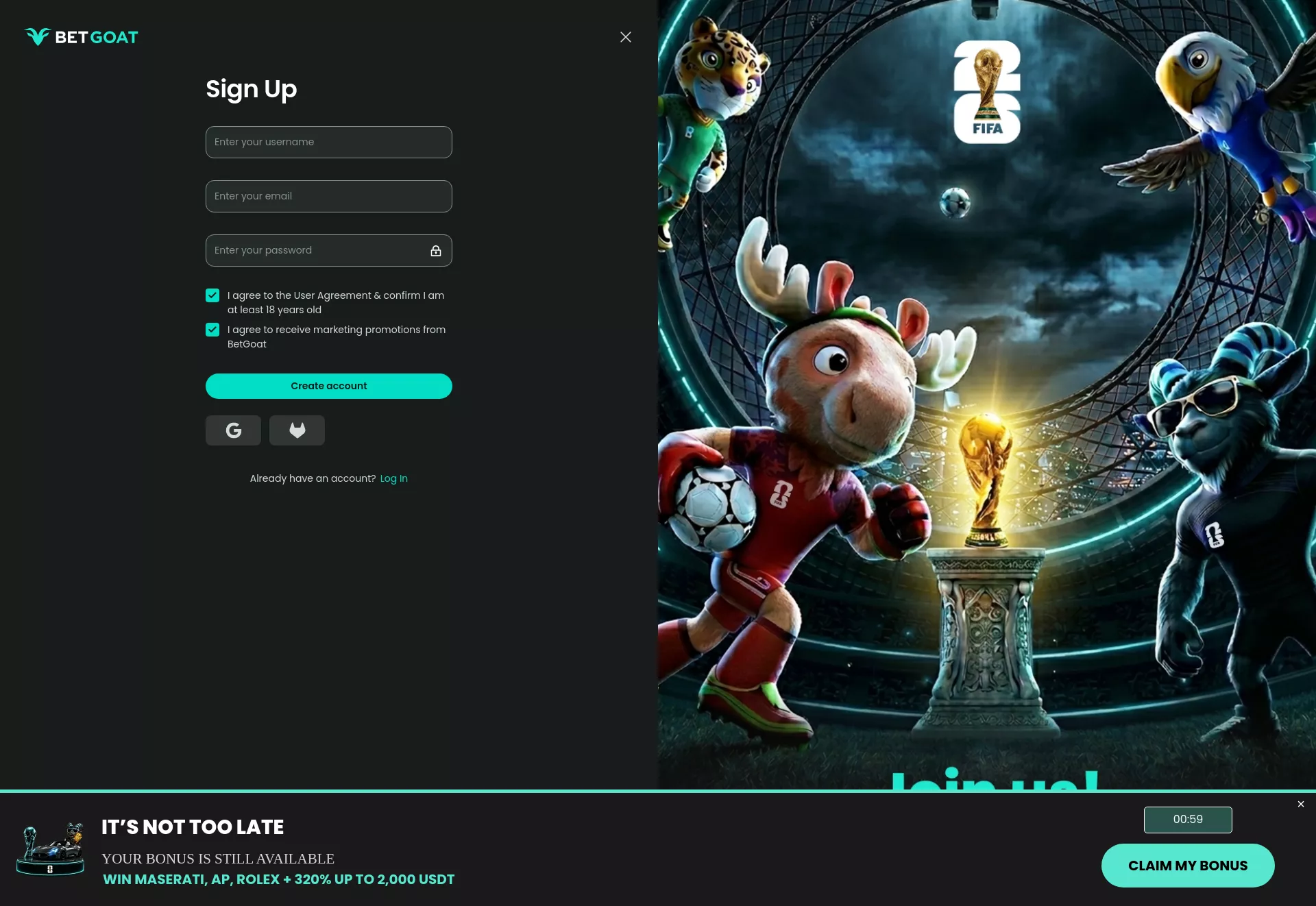 Desktop screen. BetGoat 100% up to ₮1500 + 100 FS