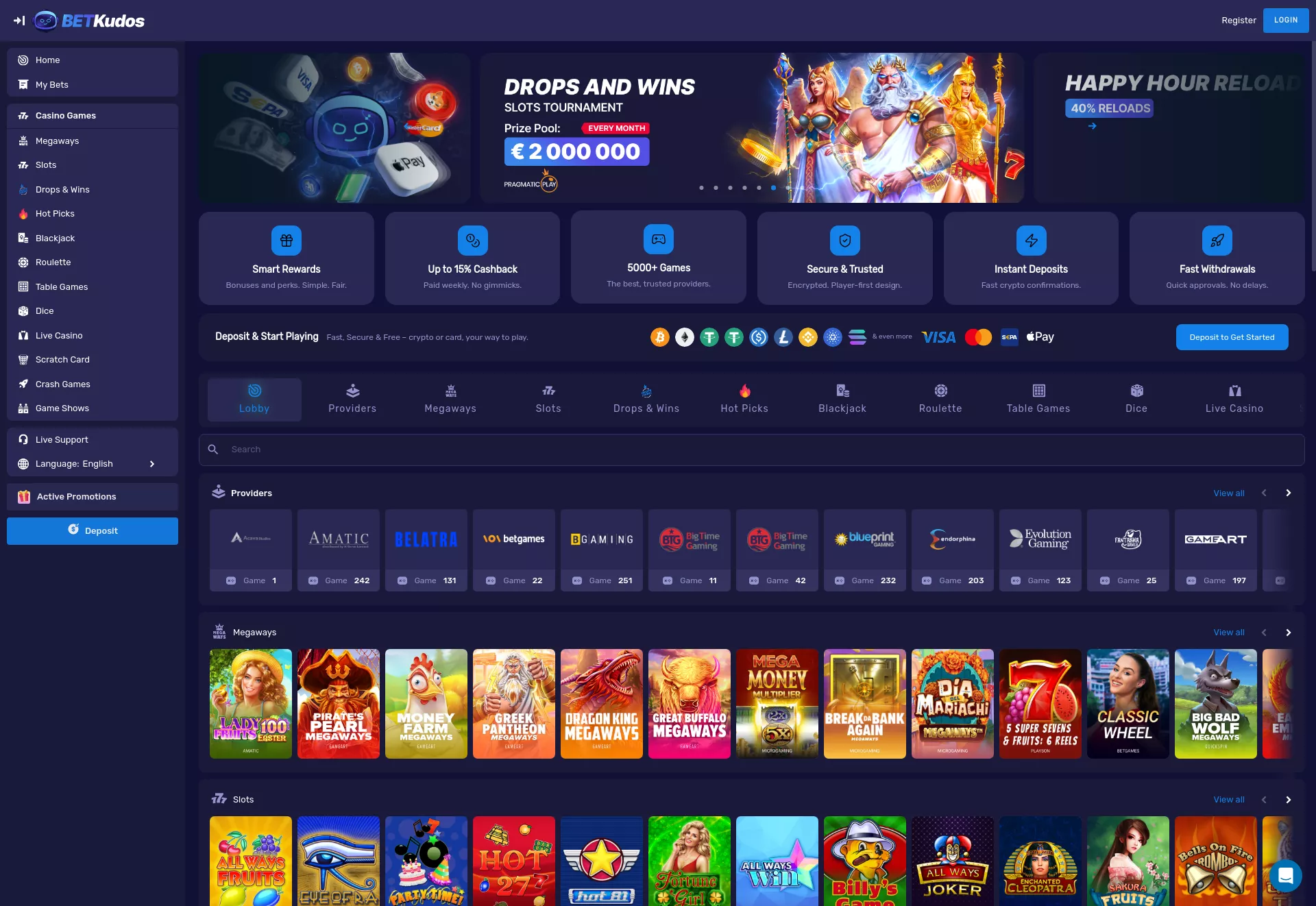 Desktop screen. BetKudos Up to ₮20000 + 200 FS