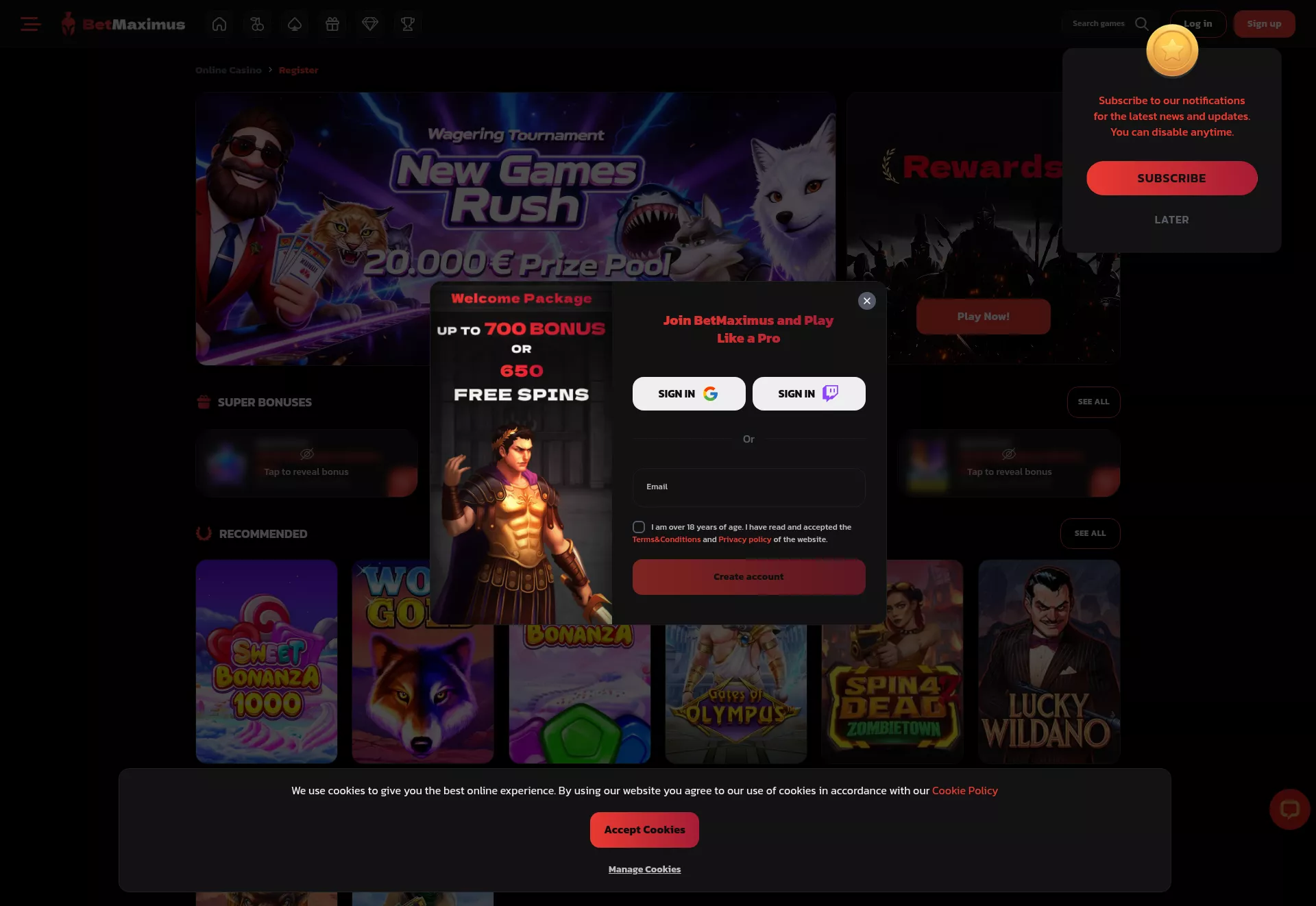Desktop screen. BetMaximus Up to $700 + 650 FS