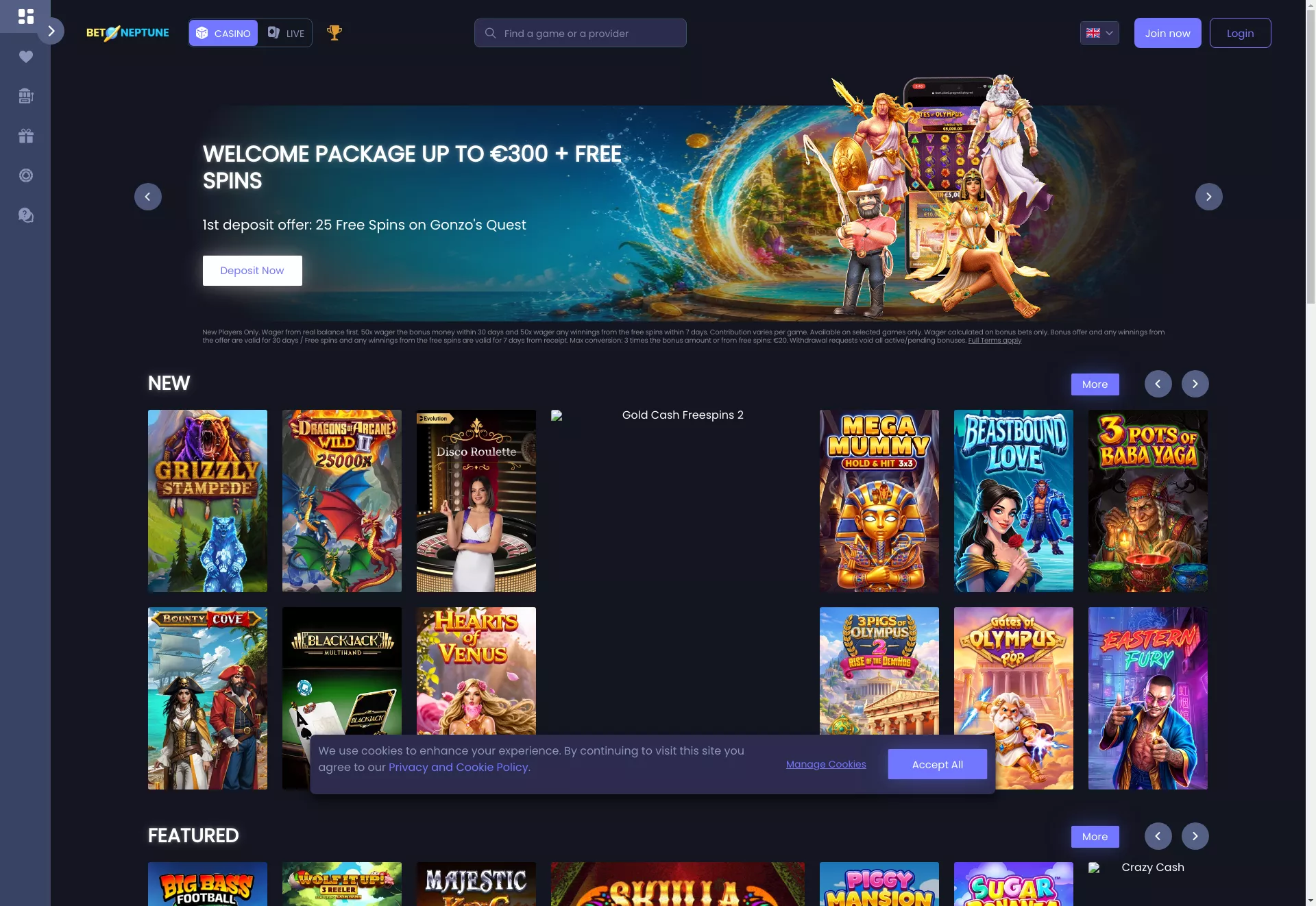 Desktop screen. BetNeptune Up to €300 + 50 FS