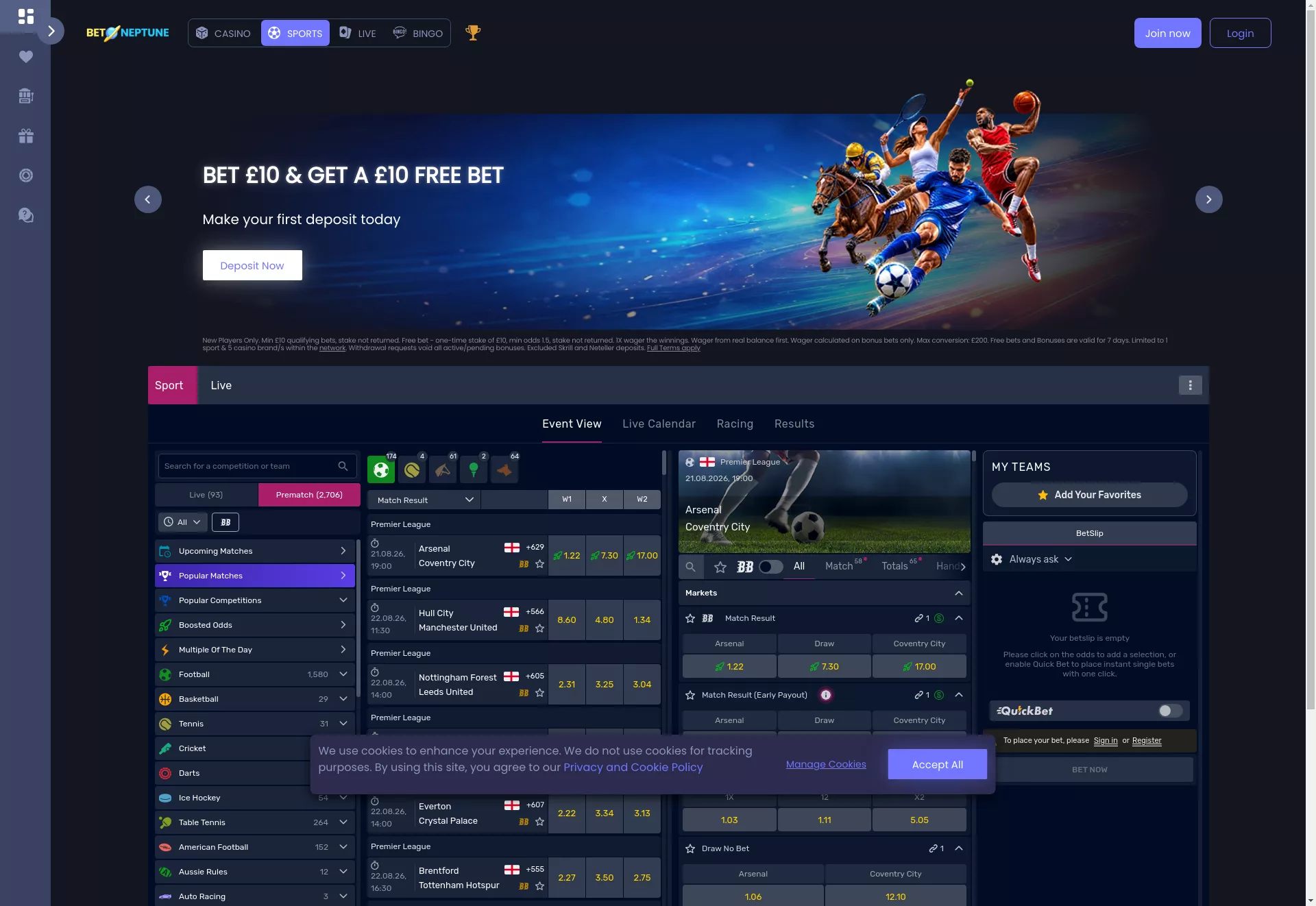 Desktop screen. BetNeptune Up to £300 + 50 FS