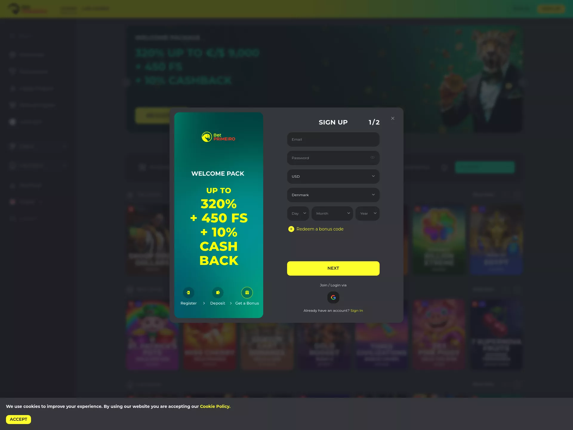 Desktop screen. BetPrimeiro Up to €12000 + 650 FS + 10% Cashback