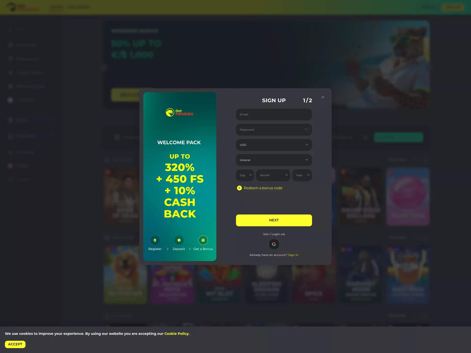 Desktop screen. BetPrimeiro Up to €12000 + 650 FS + 10% Cashback