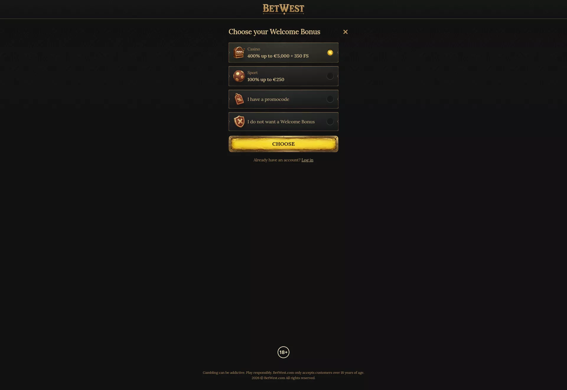 Desktop screen. BetWest Up to €5000 + 350 FS